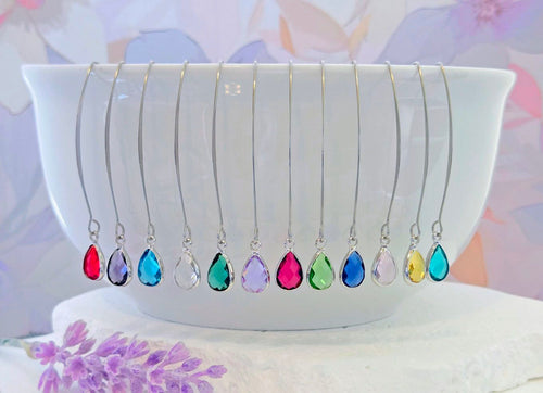 Birthstone Silver Threader Earrings: Choose Month
