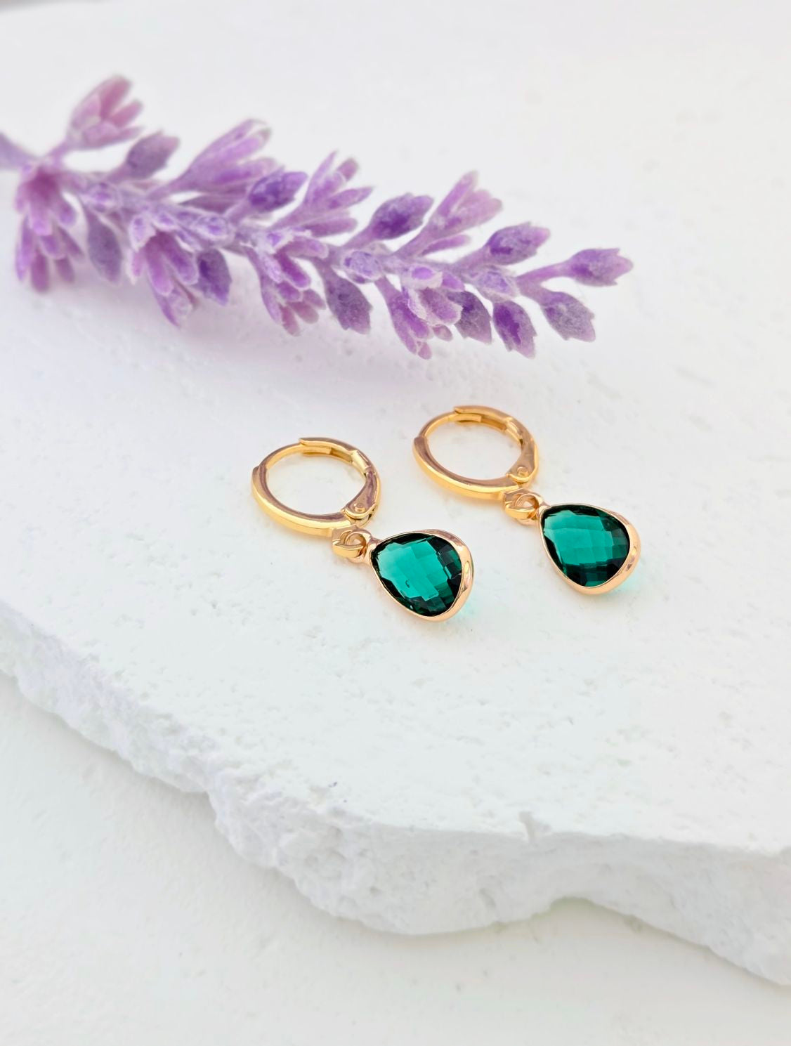 Birthstone Huggie Hoop Earrings– Dainty 18k Gold Drop in Every Month