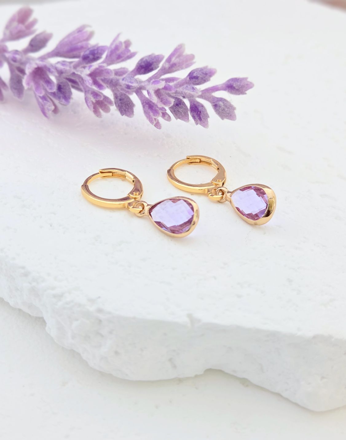 Birthstone Huggie Hoop Earrings– Dainty 18k Gold Drop in Every Month