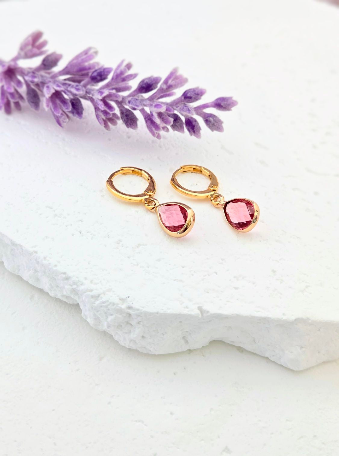Birthstone Huggie Hoop Earrings– Dainty 18k Gold Drop in Every Month