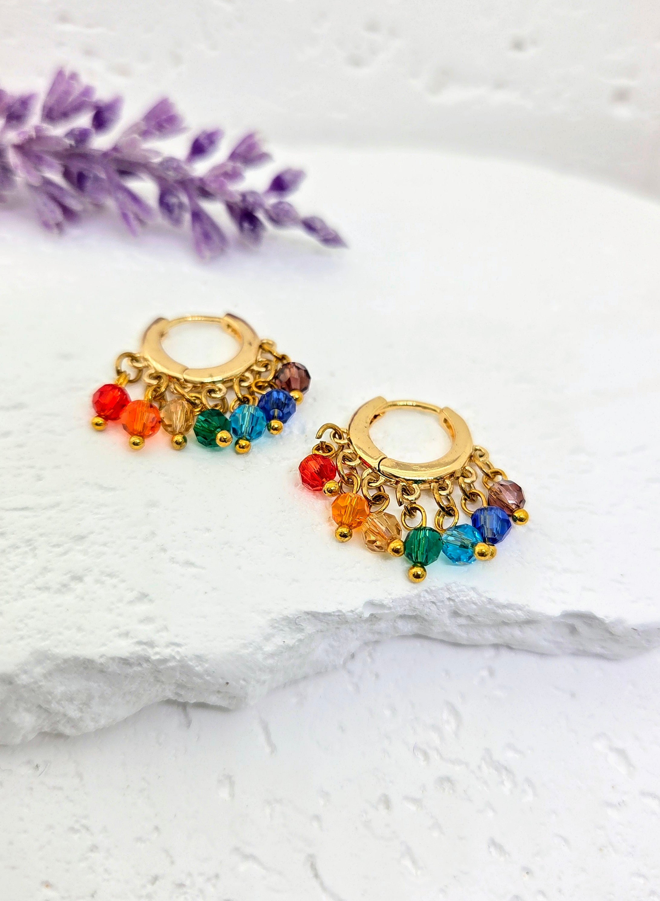 Rainbow Crystal Beaded Hoop Earrings