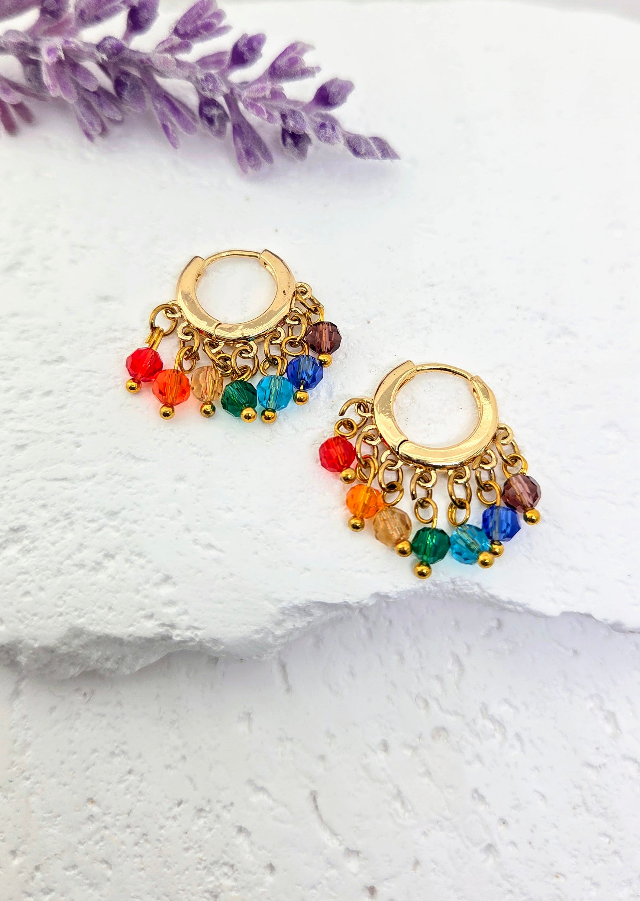 Rainbow Crystal Beaded Hoop Earrings