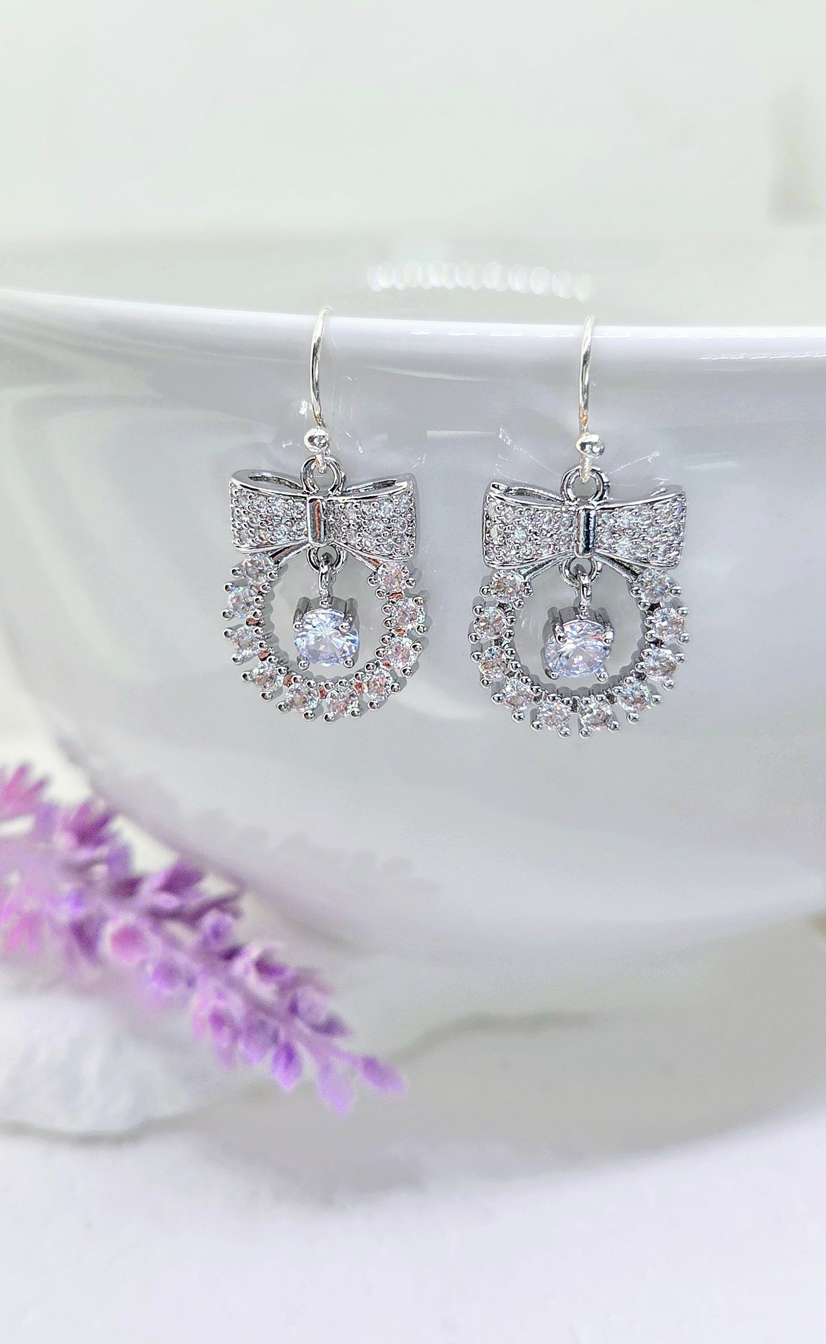 Silver Bow Wreath Dangle Earrings