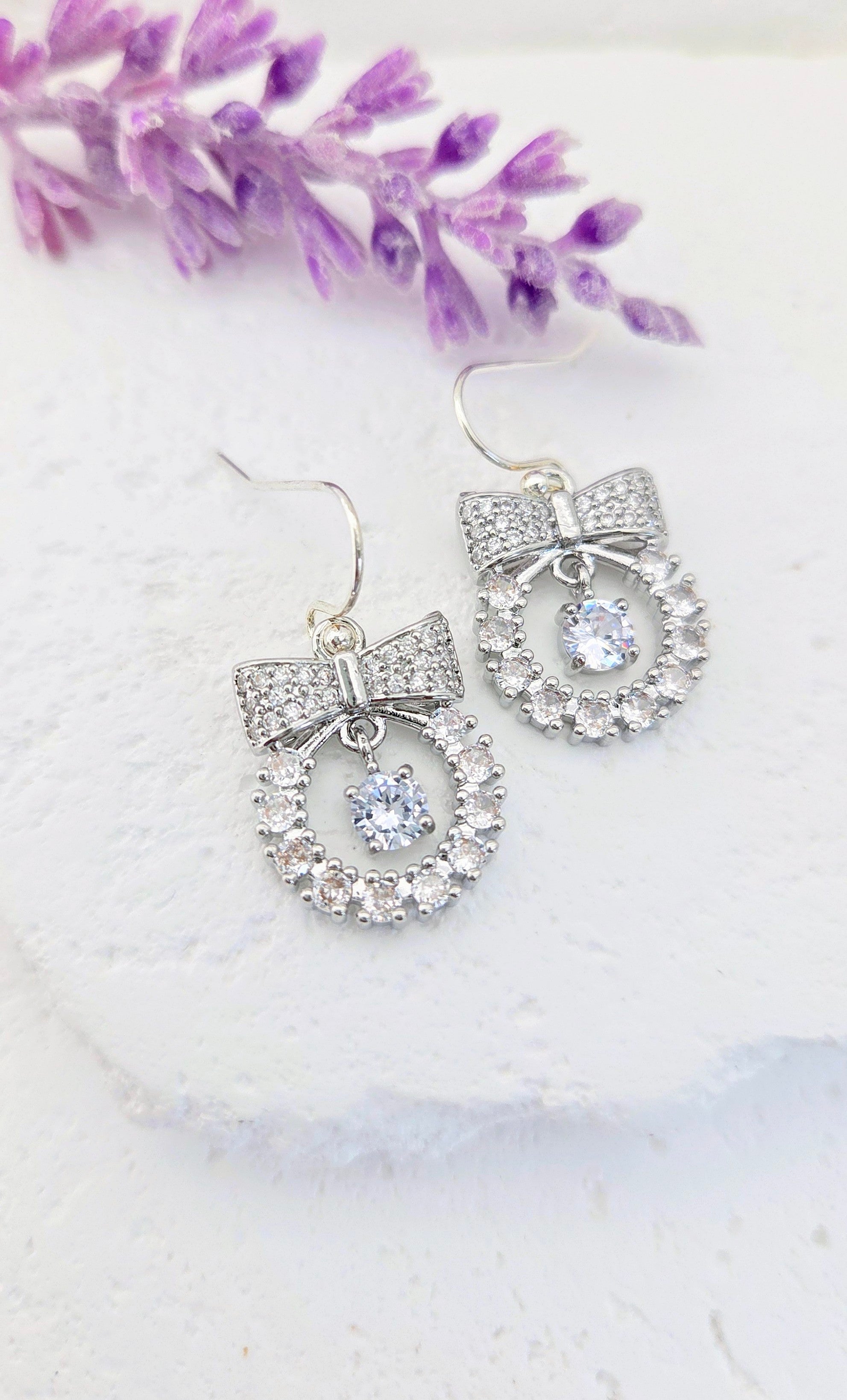 Silver Bow Wreath Dangle Earrings