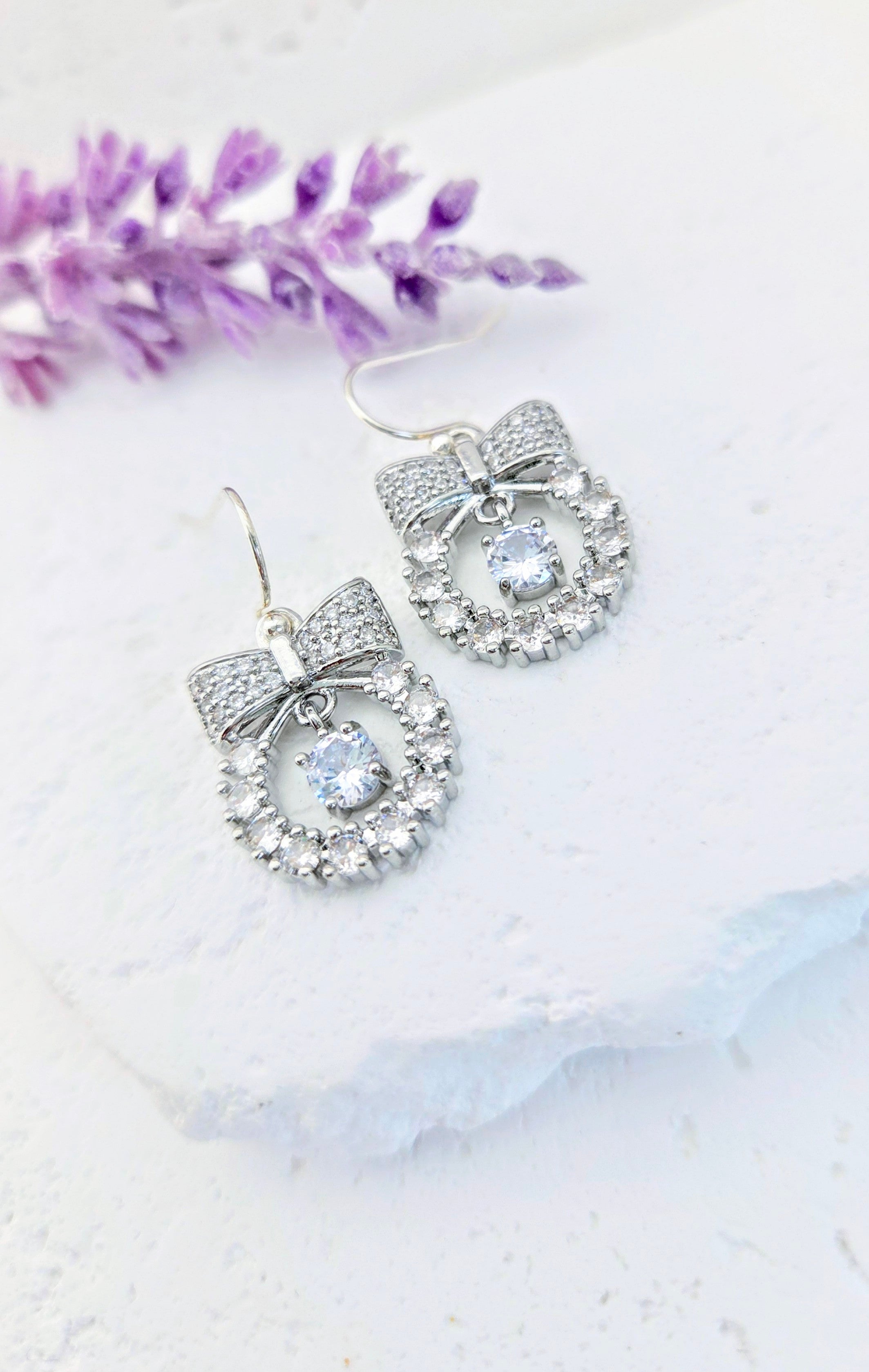 Silver Bow Wreath Dangle Earrings