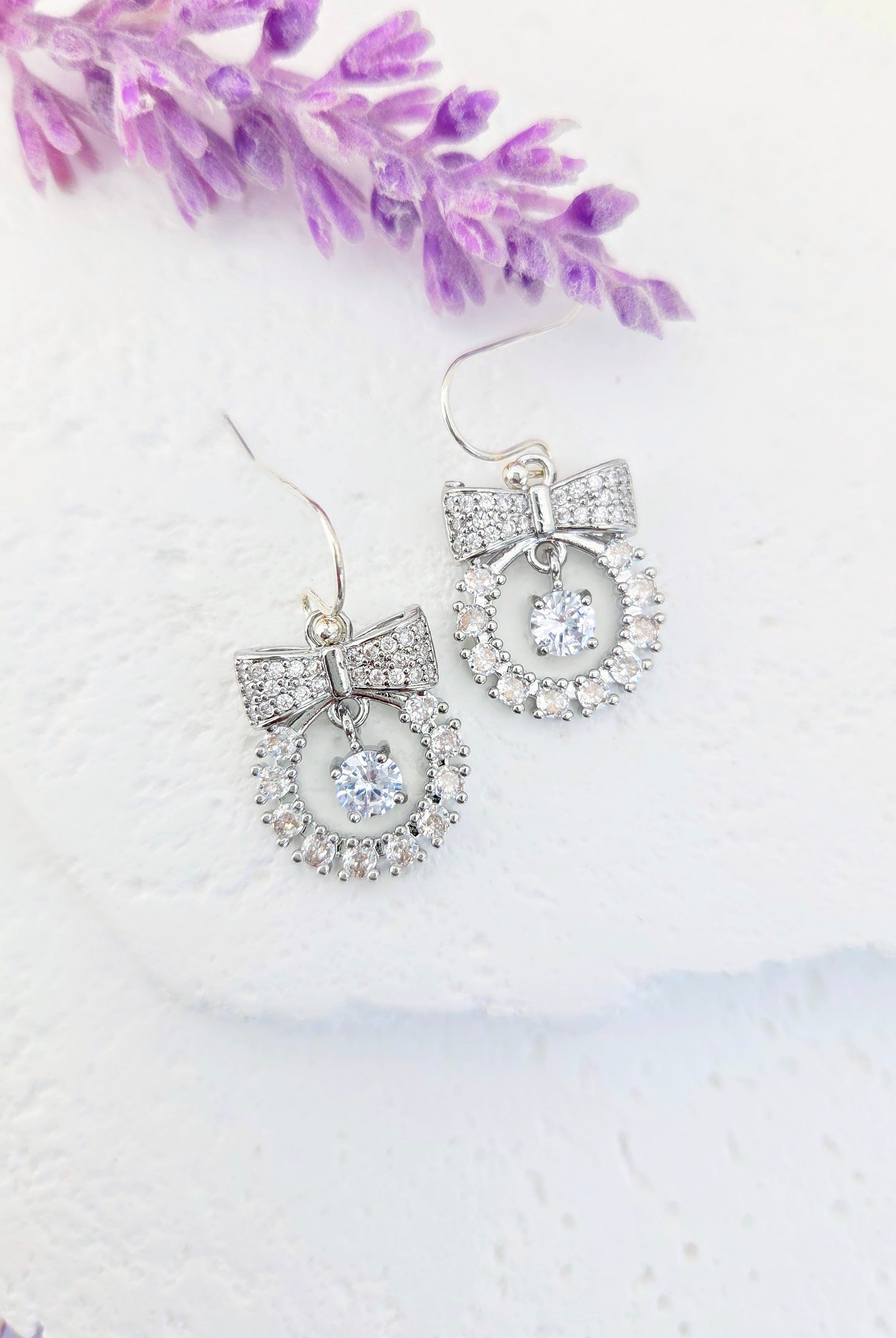 Silver Bow Wreath Dangle Earrings