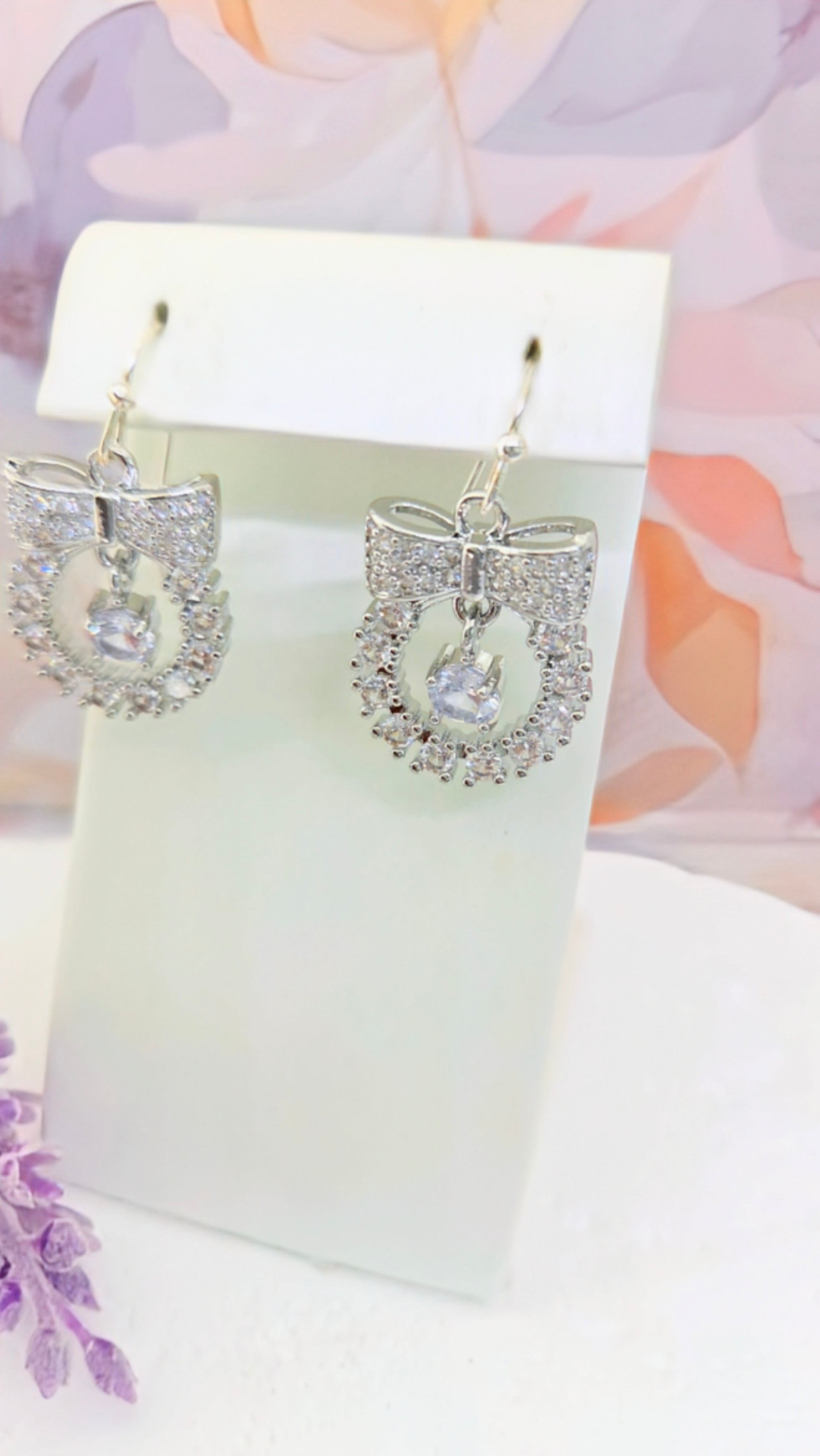 Silver Bow Wreath Dangle Earrings