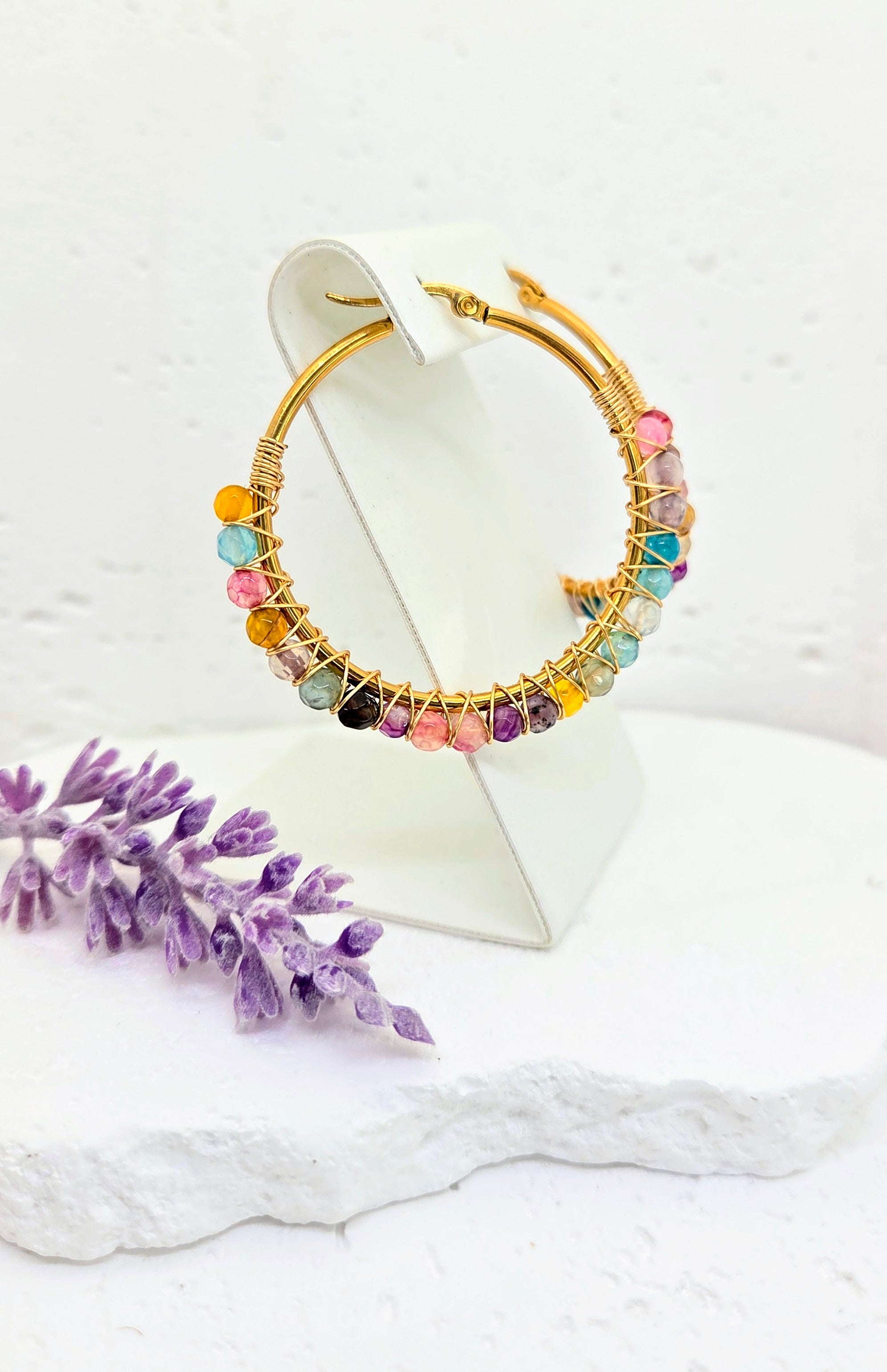 Colorful Wire Wrapped Beaded Hoops