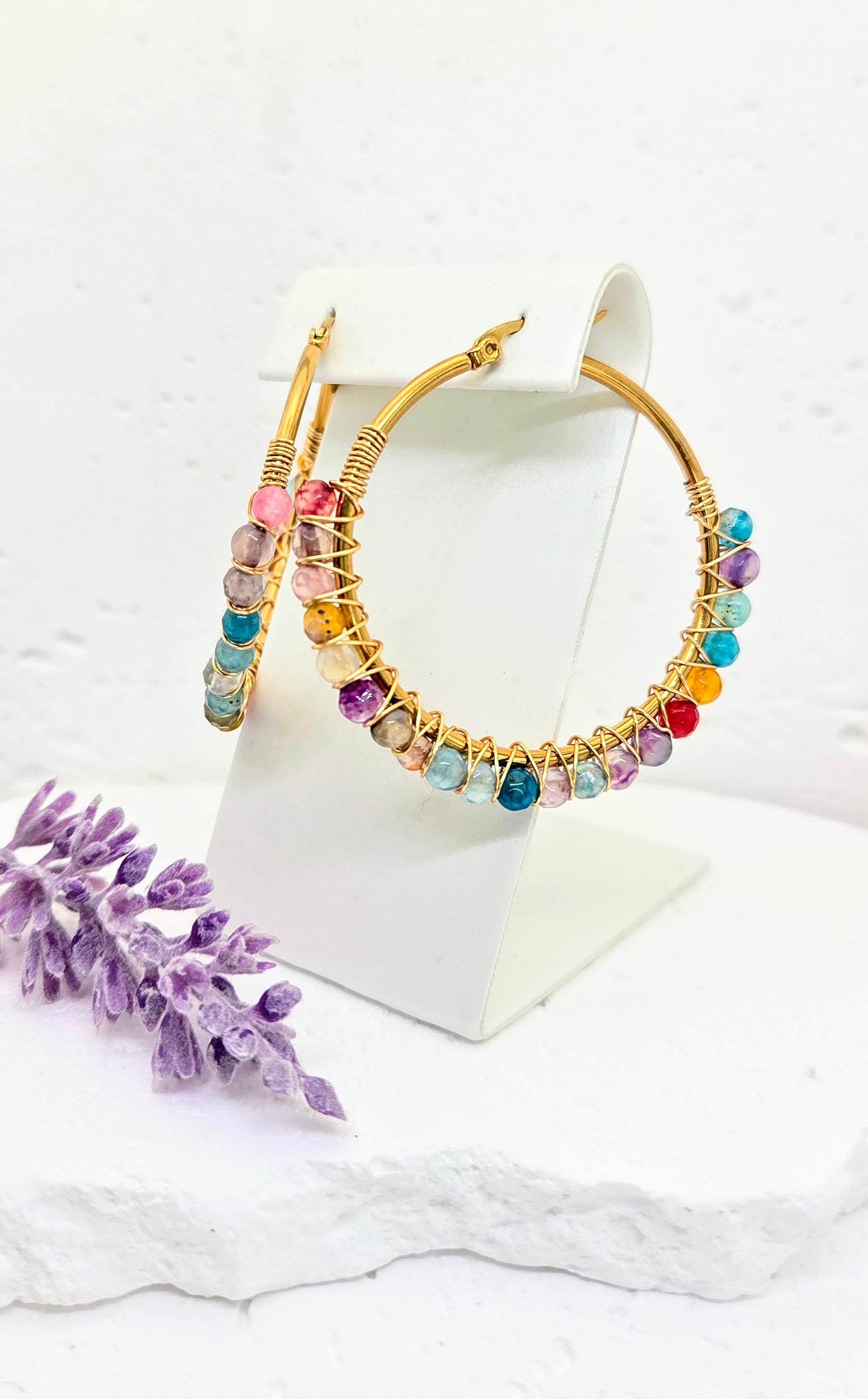 Colorful Wire Wrapped Beaded Hoops