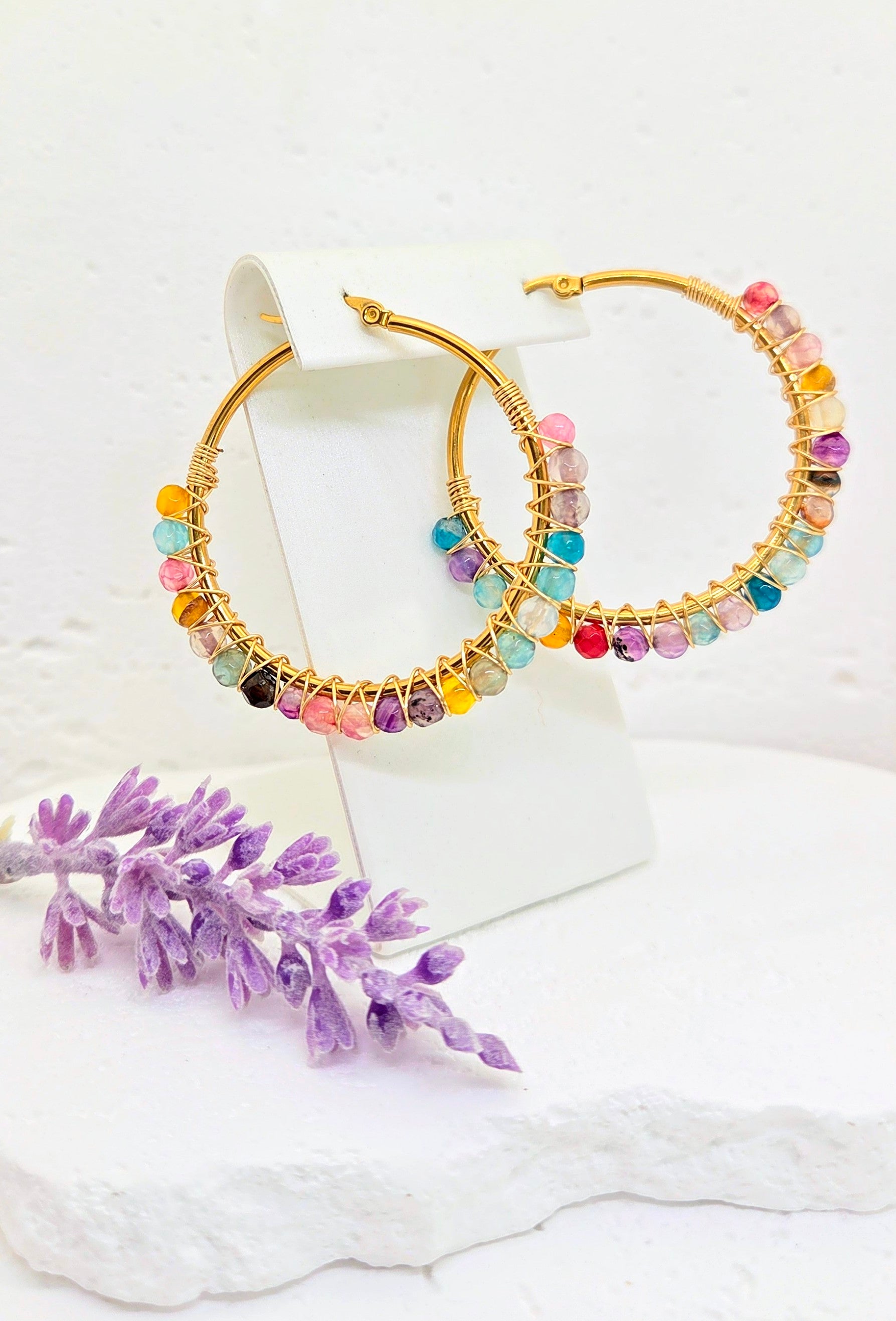 Colorful Wire Wrapped Beaded Hoops