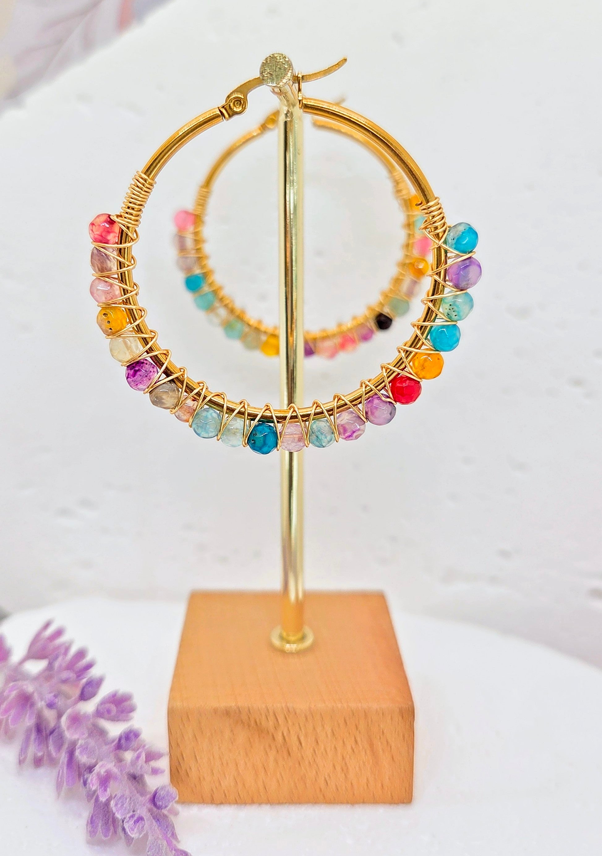 Colorful Wire Wrapped Beaded Hoops
