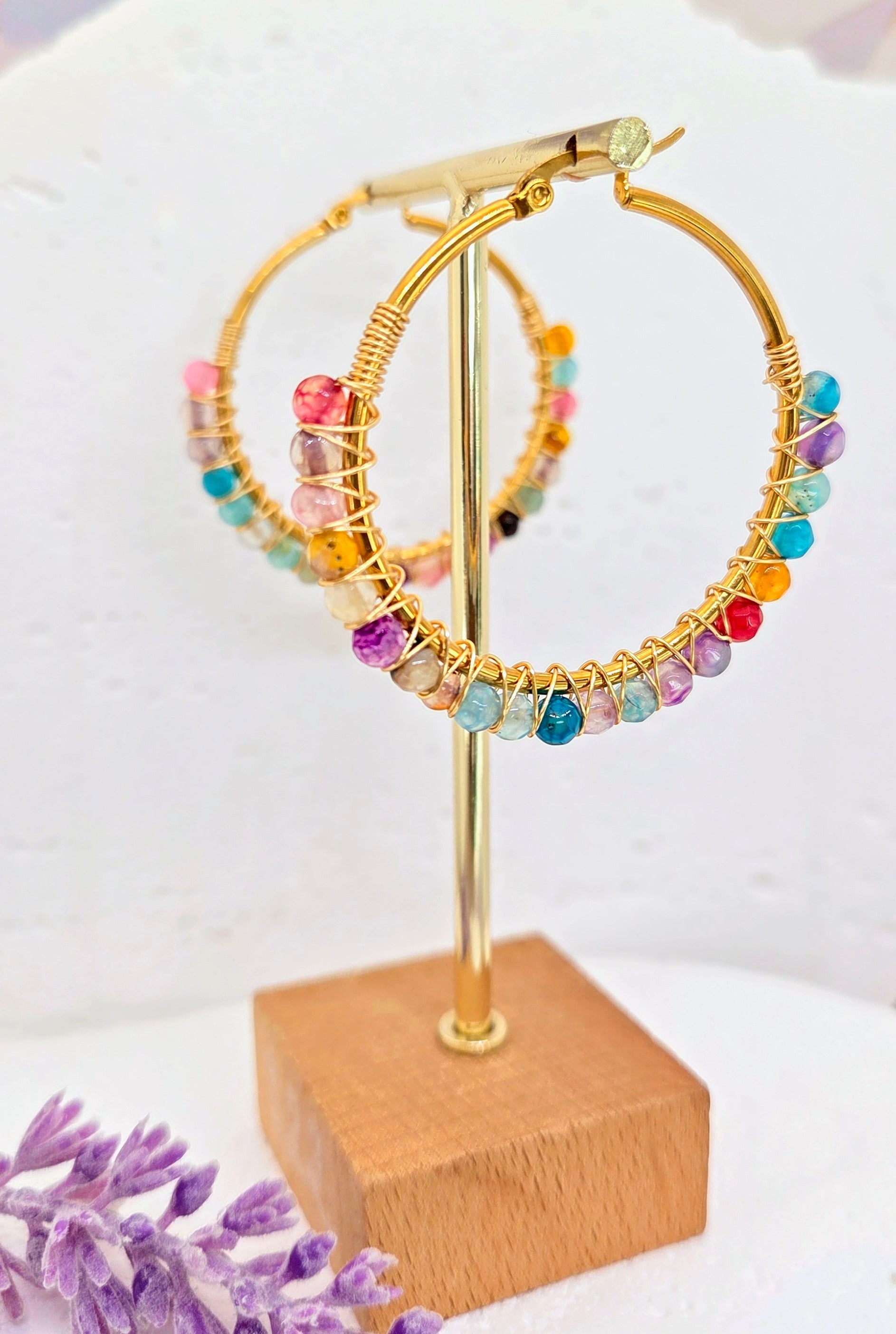 Colorful Wire Wrapped Beaded Hoops