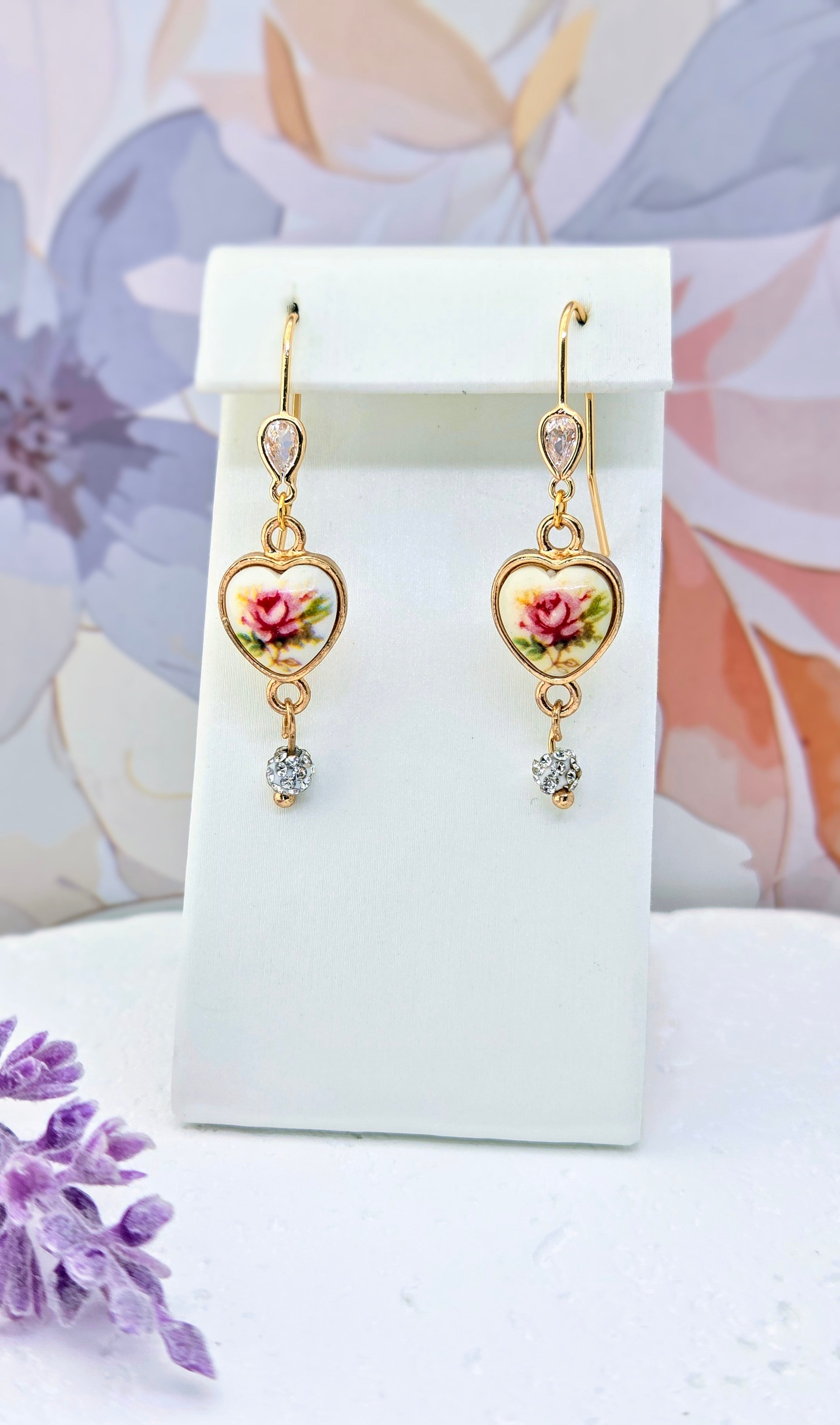 Vintage Floral Heart Earrings with Crystal Bead