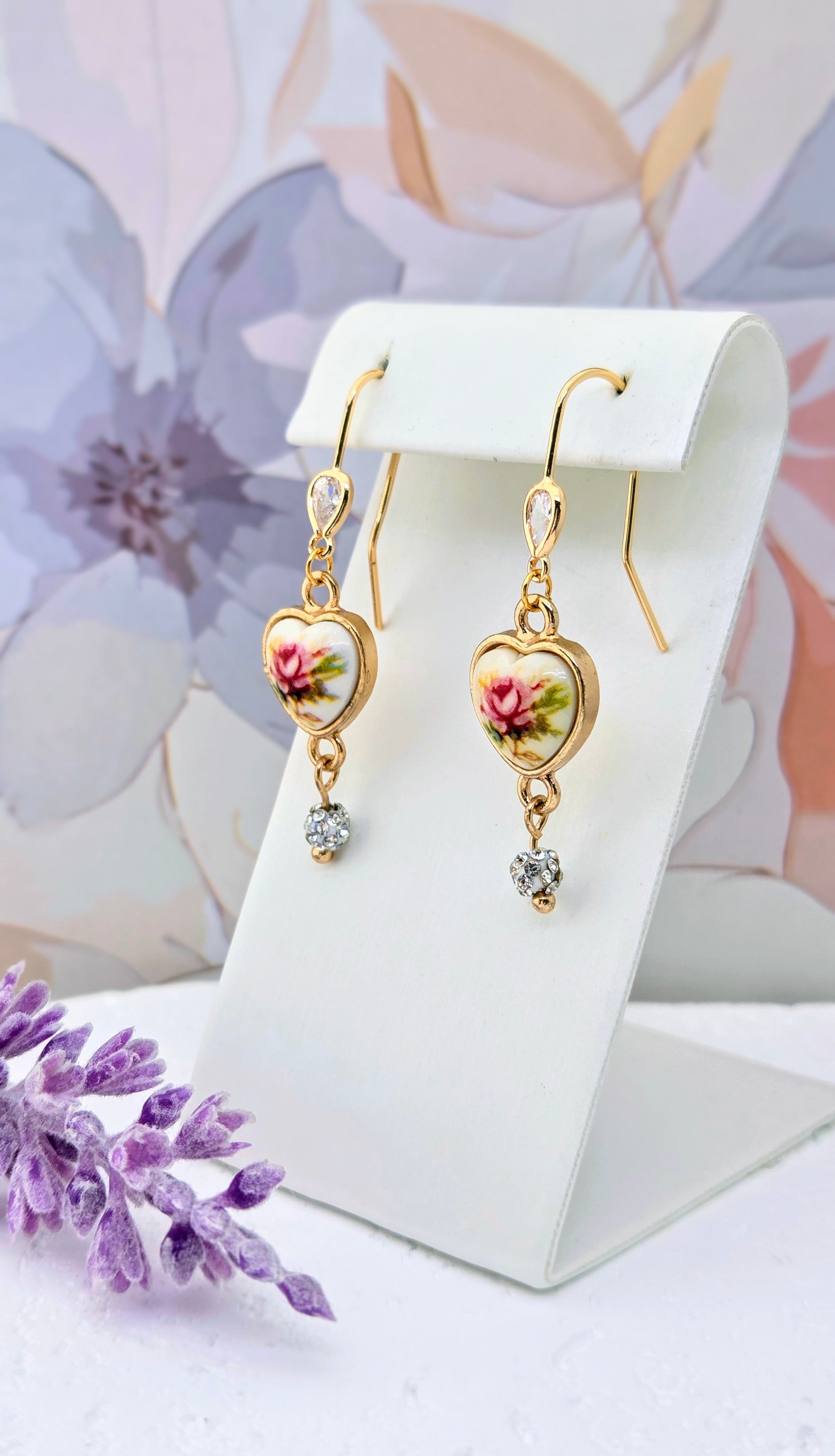 Vintage Floral Heart Earrings with Crystal Bead