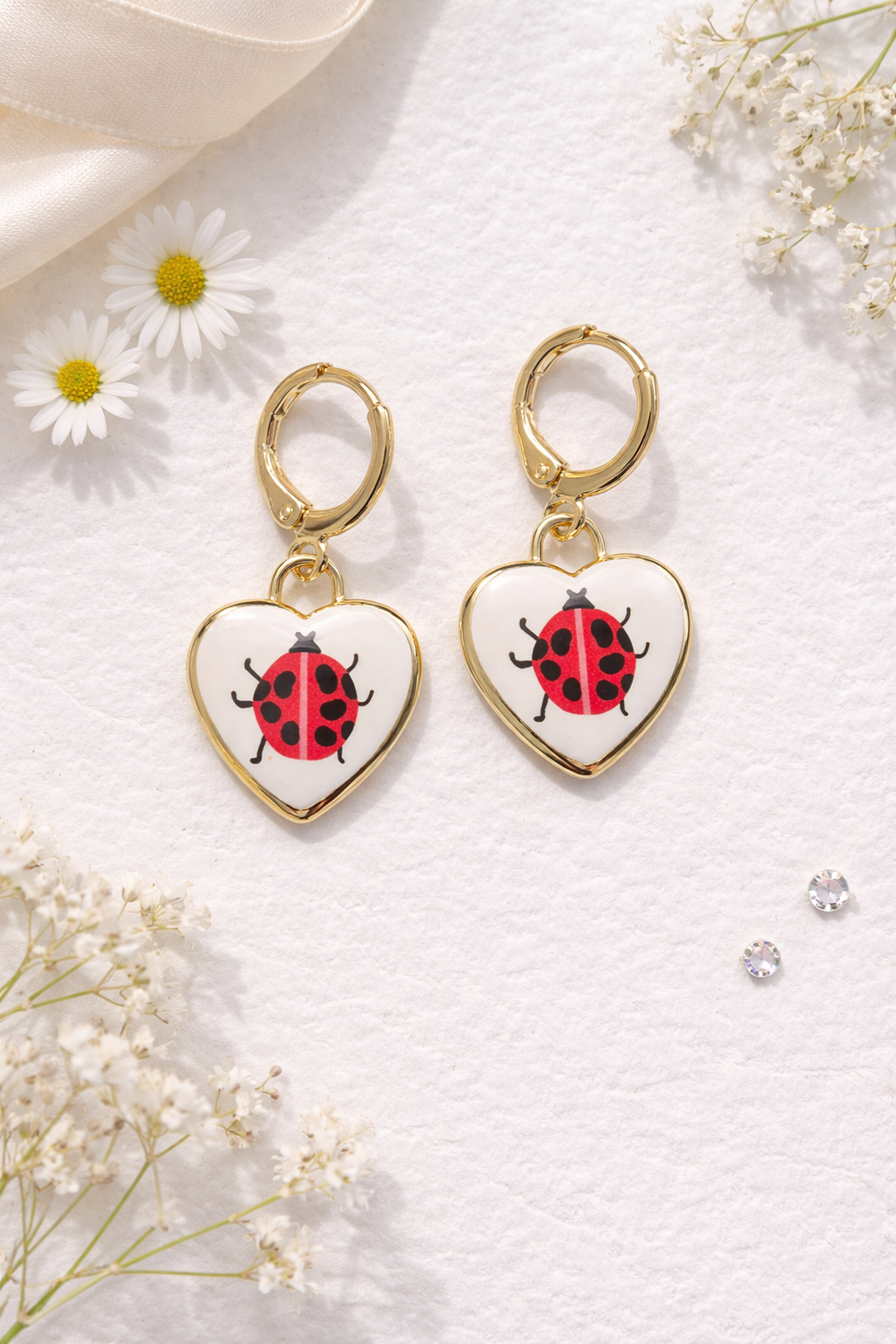 Ladybug Heart Huggie Earrings