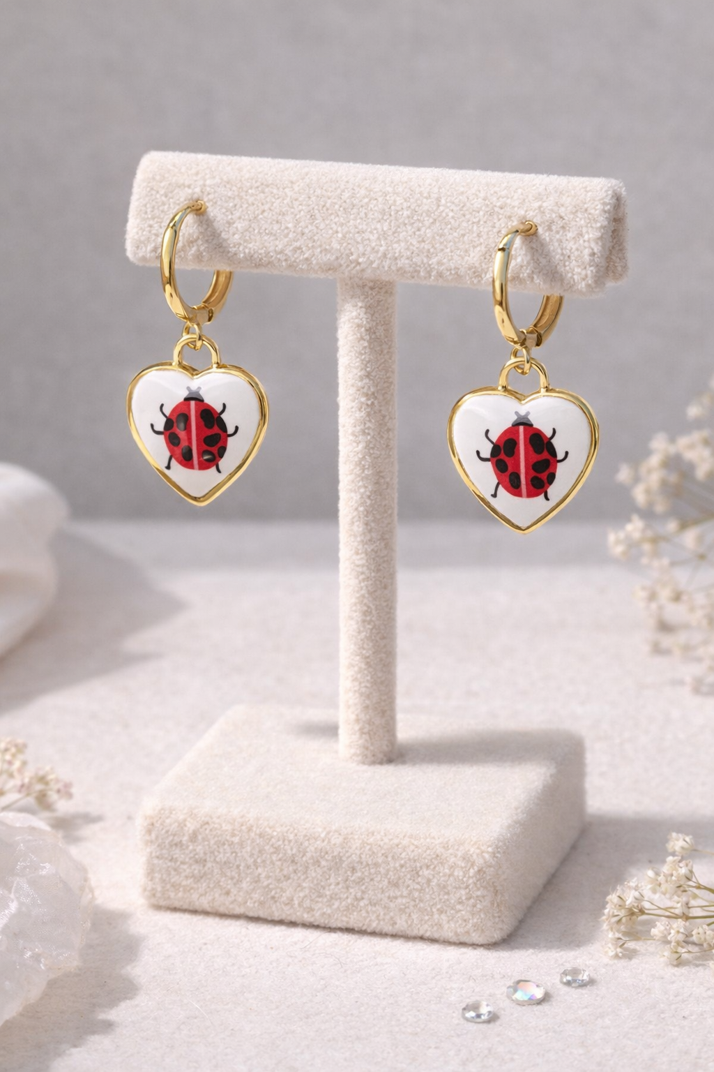 Ladybug Heart Huggie Earrings