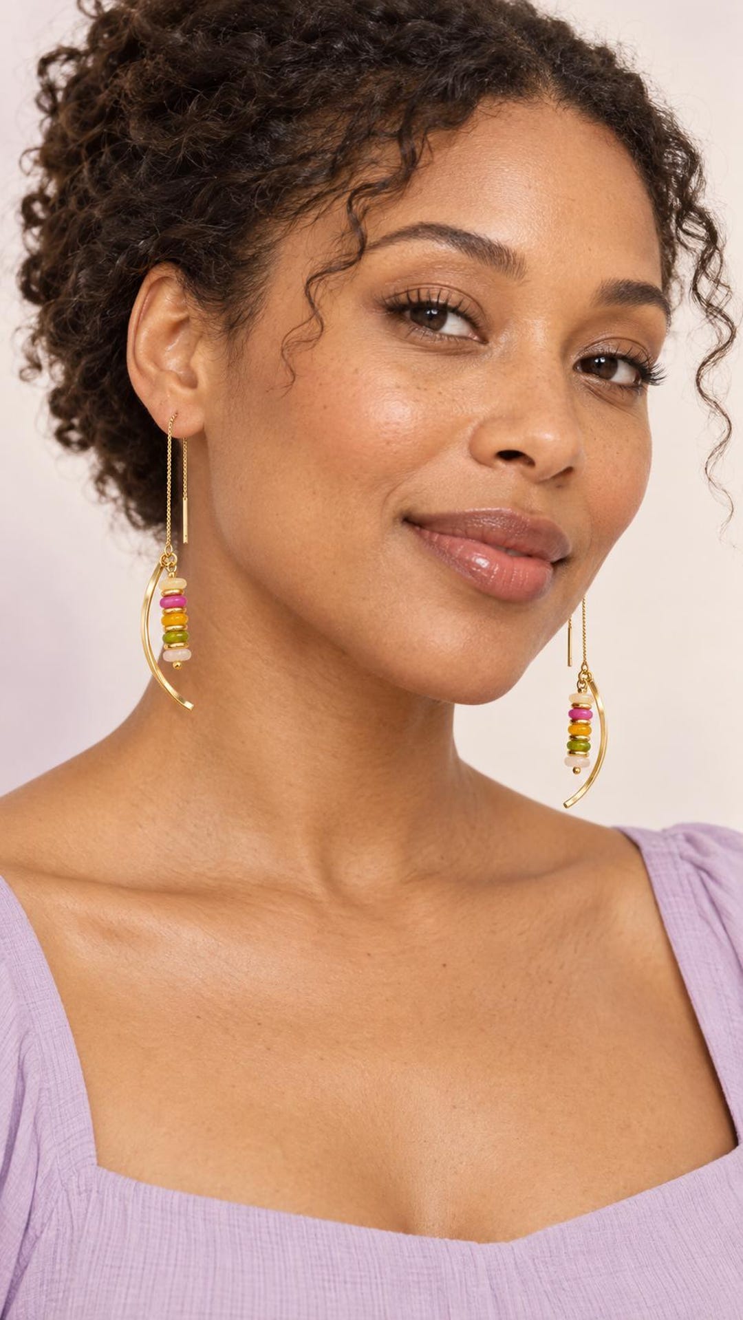 Light multi gemstone threader worn through the ear
