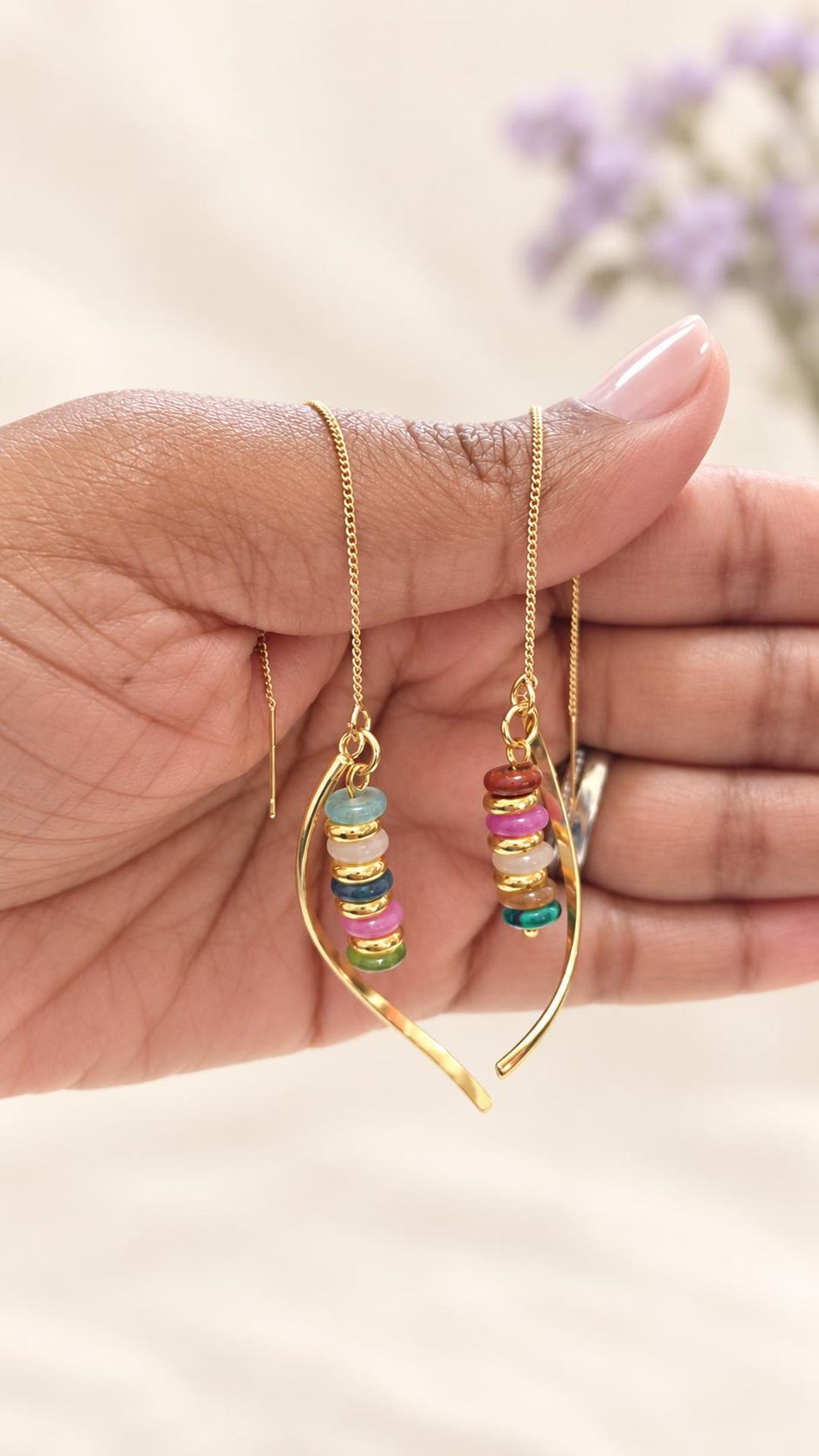 Gemstone threader earrings detail