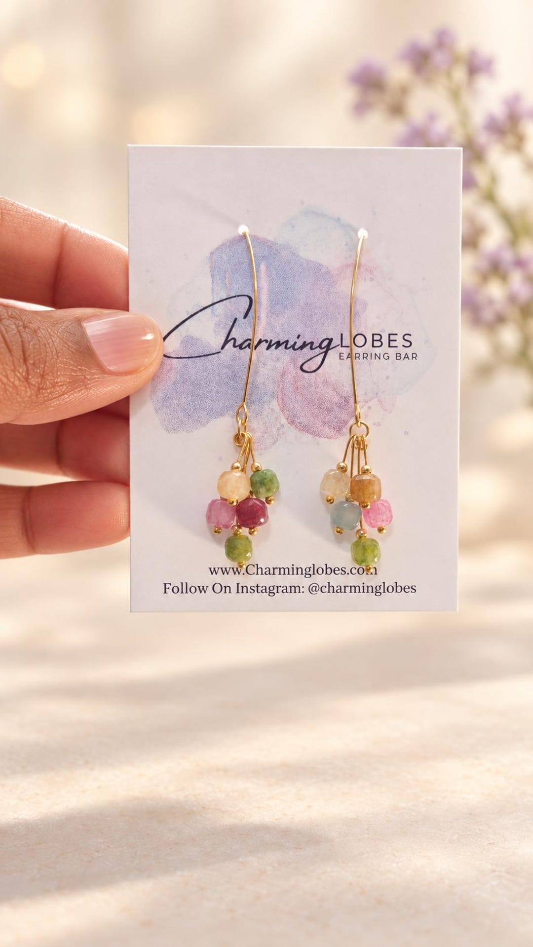 Tourmaline earrings on Charming Lobes Earring Bar card