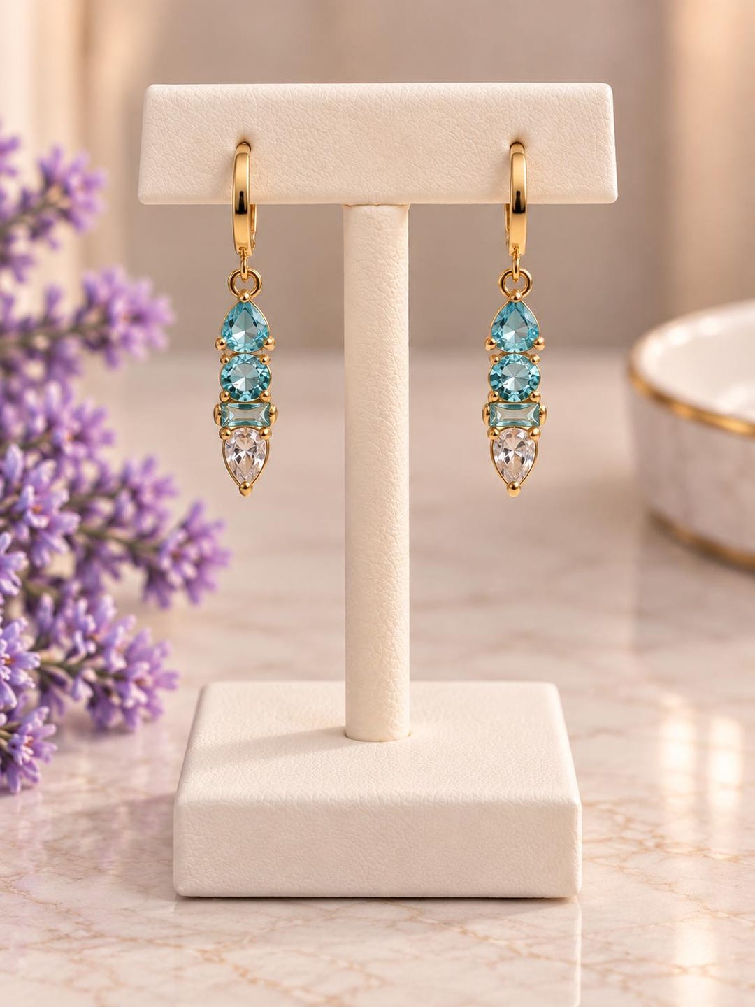 March aquamarine birthstone stack earrings