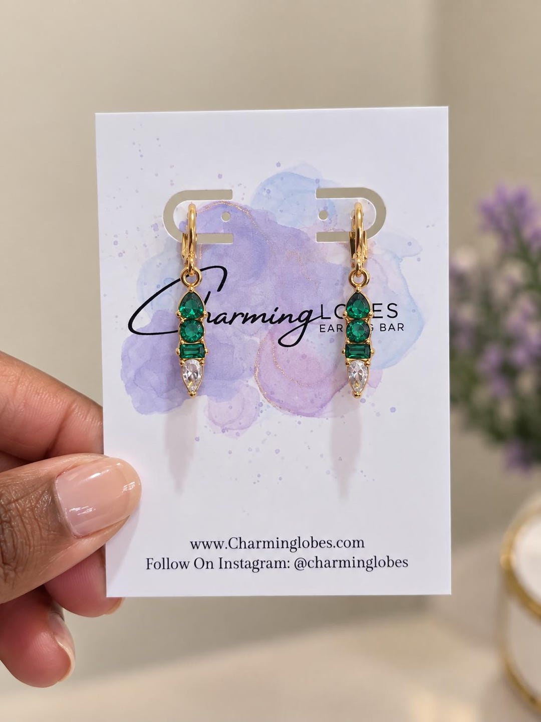Birthstone stack earrings on Charming Lobes Earring Bar card