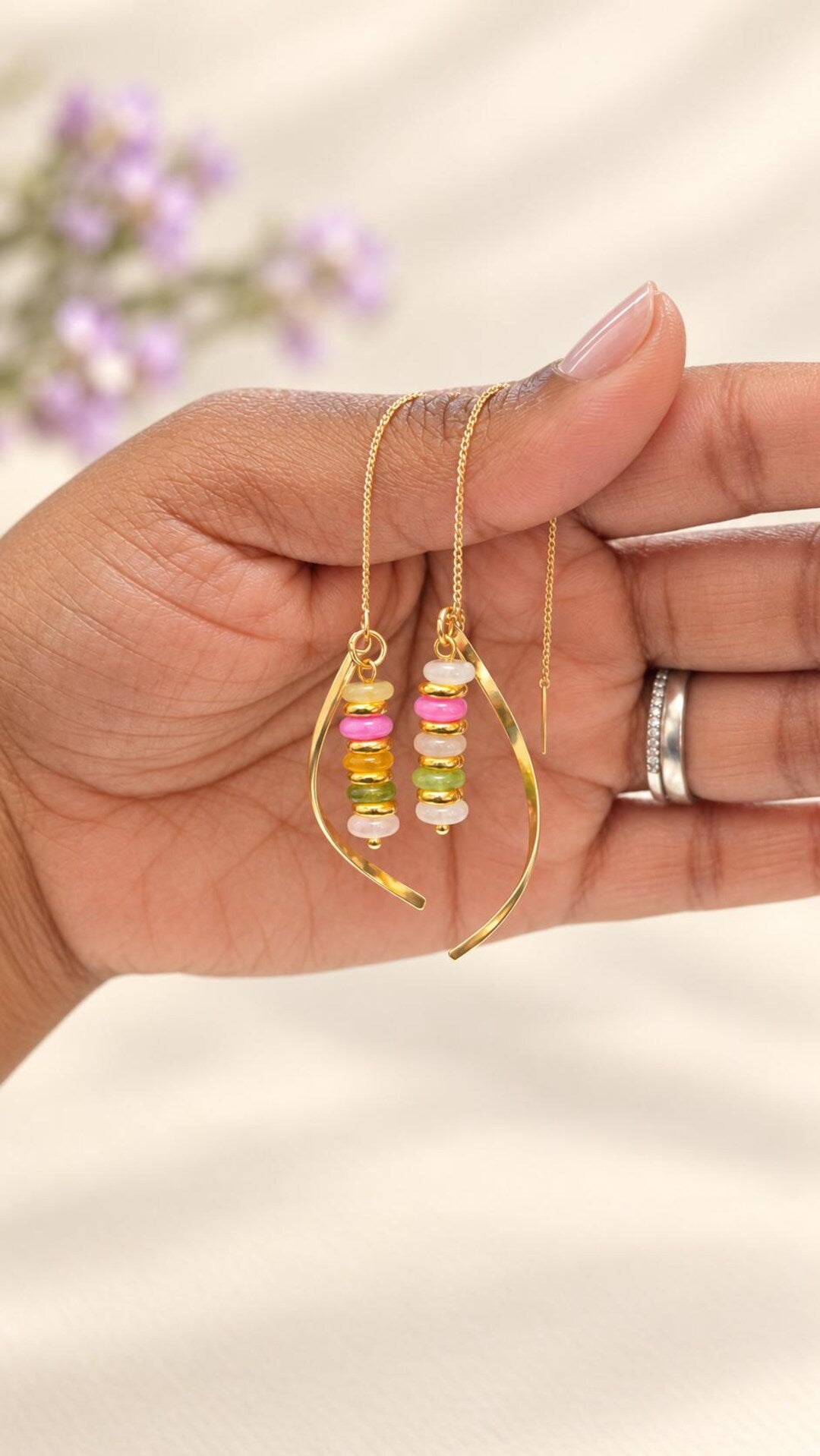 Gold threader earrings with pastel gemstones