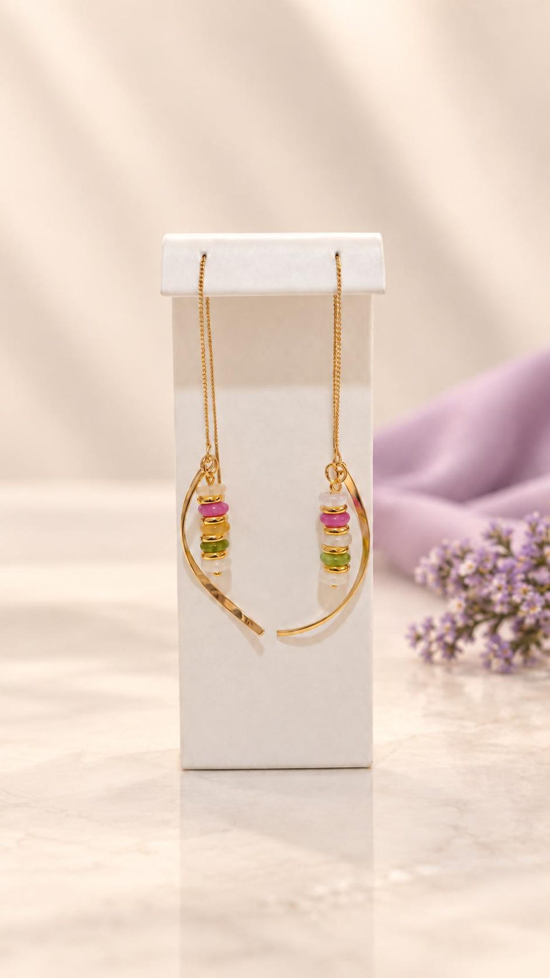 Gold chain threader earrings with light multi gemstone discs