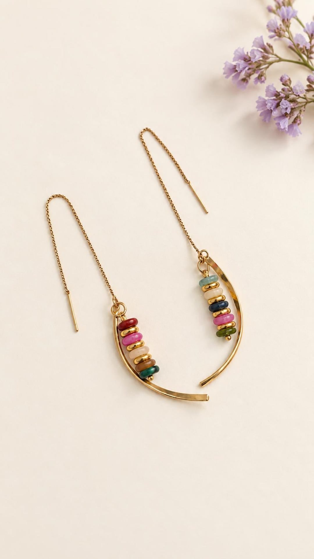 Gold chain threader earrings with medium multi gemstone discs