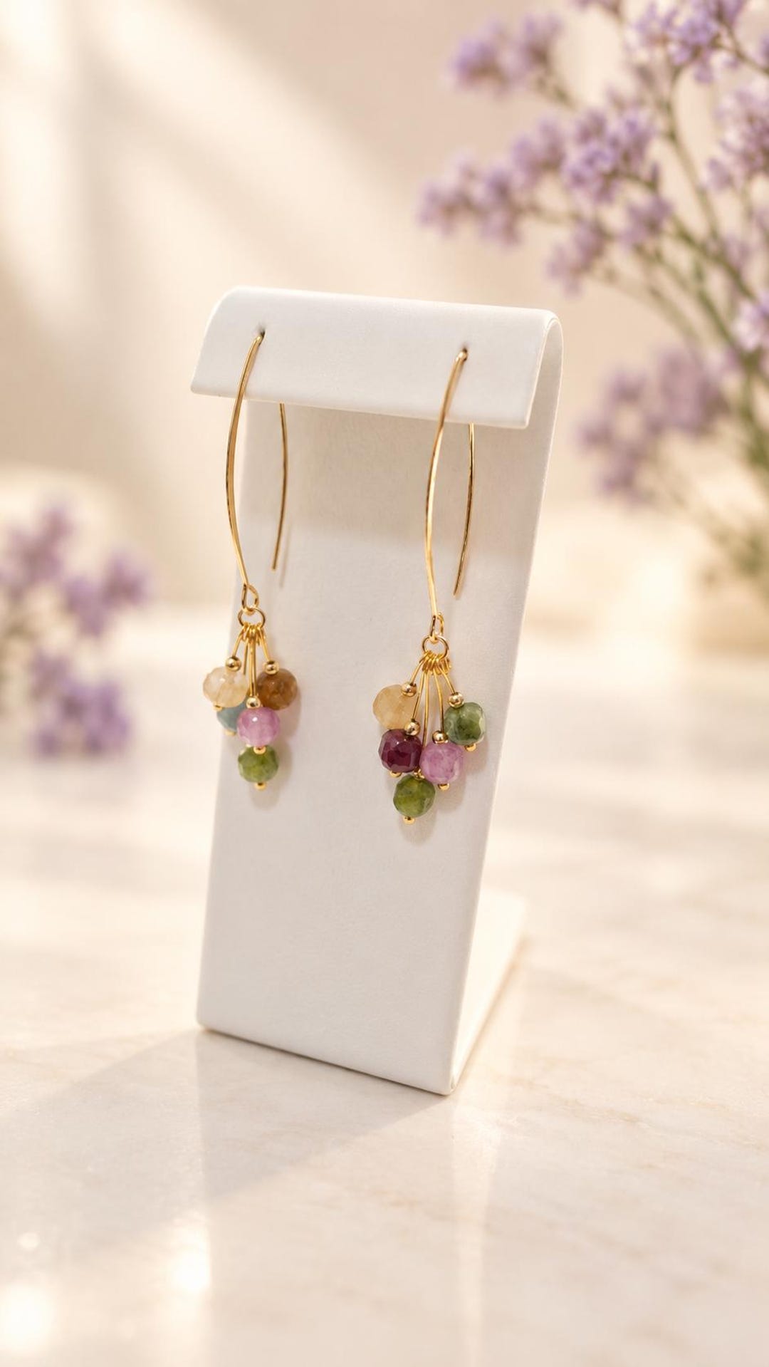 Tourmaline threader earrings with multicolor bead cluster