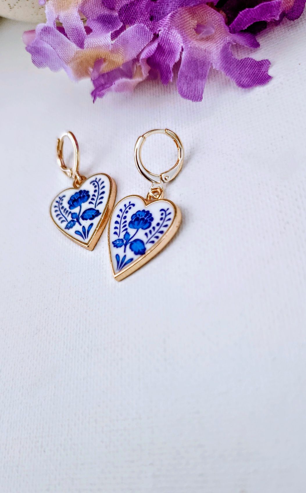 Dainty White Heart and Royal Blue Flower Huggie Earrings
