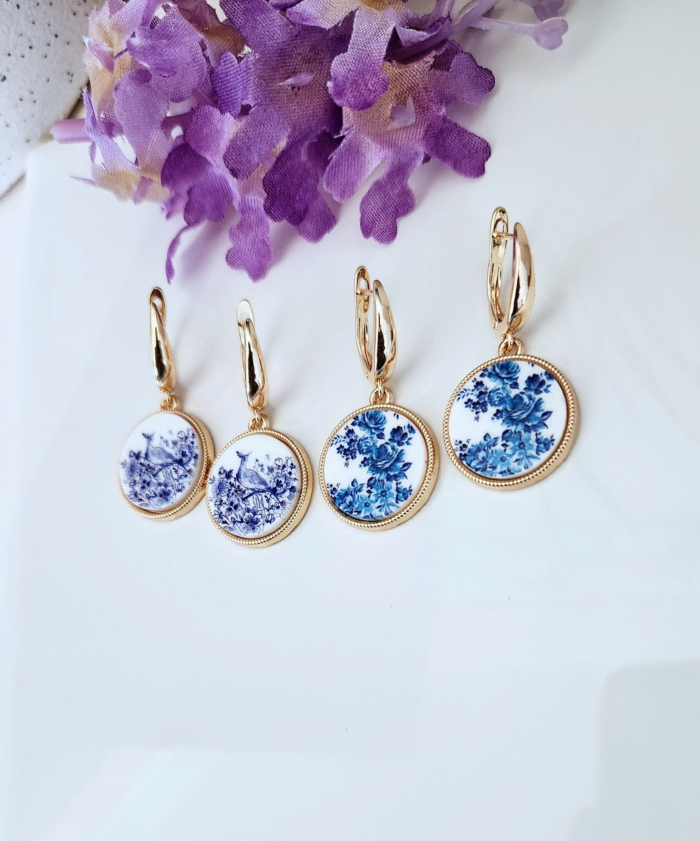 White and Blue Floral Earrings