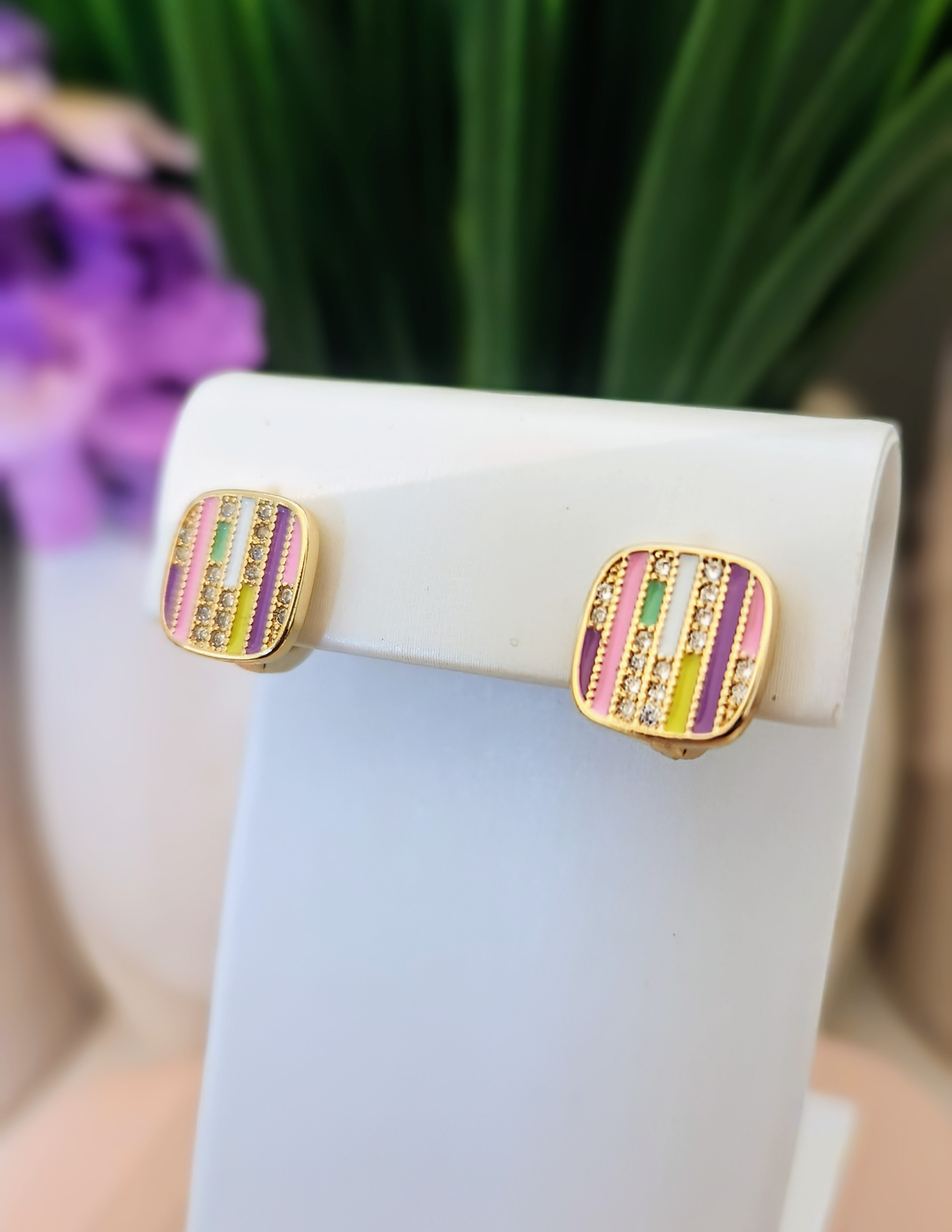 Pastel Stripe Rhinestone Huggie Earrings
