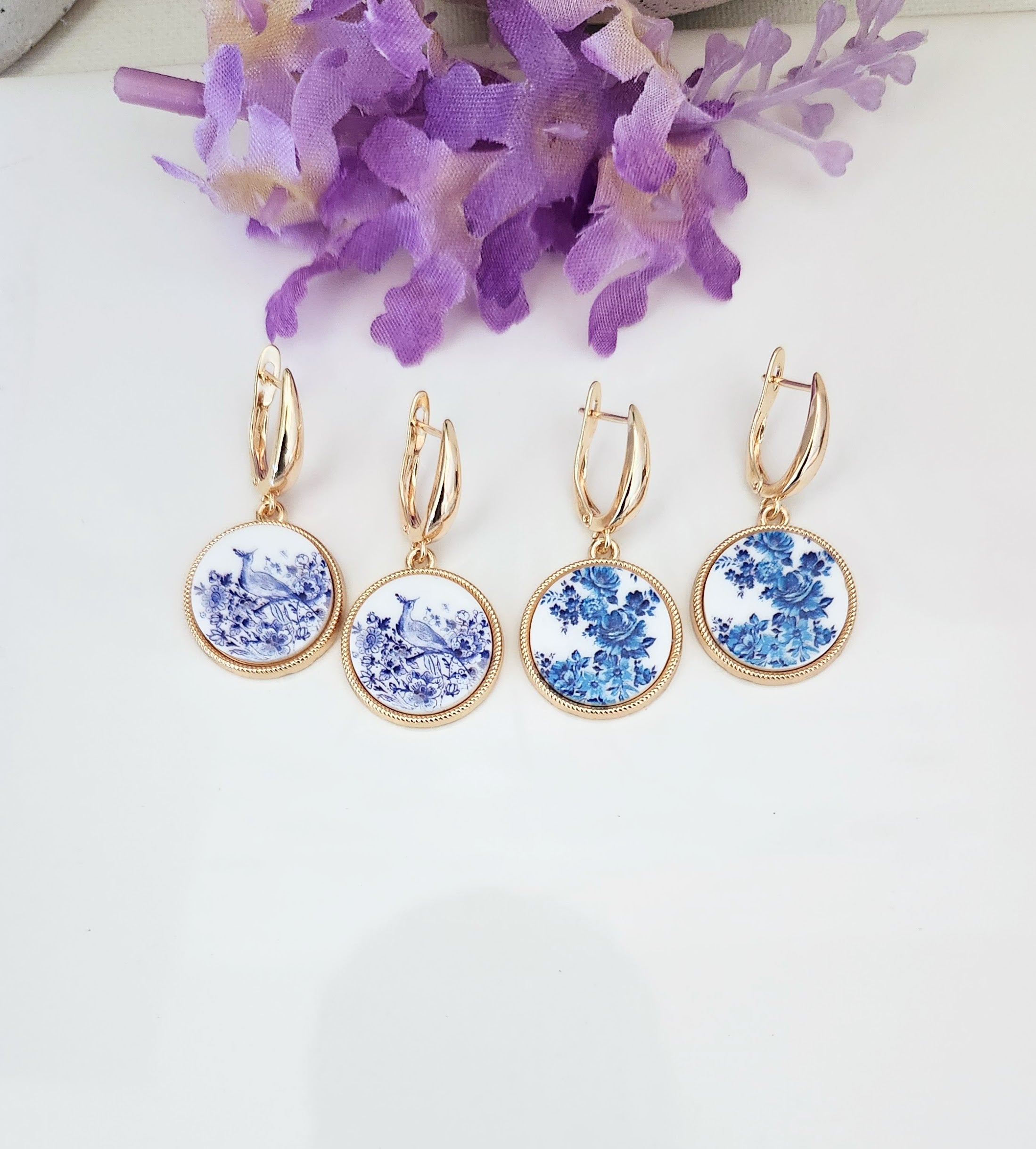 White and Blue Floral Earrings