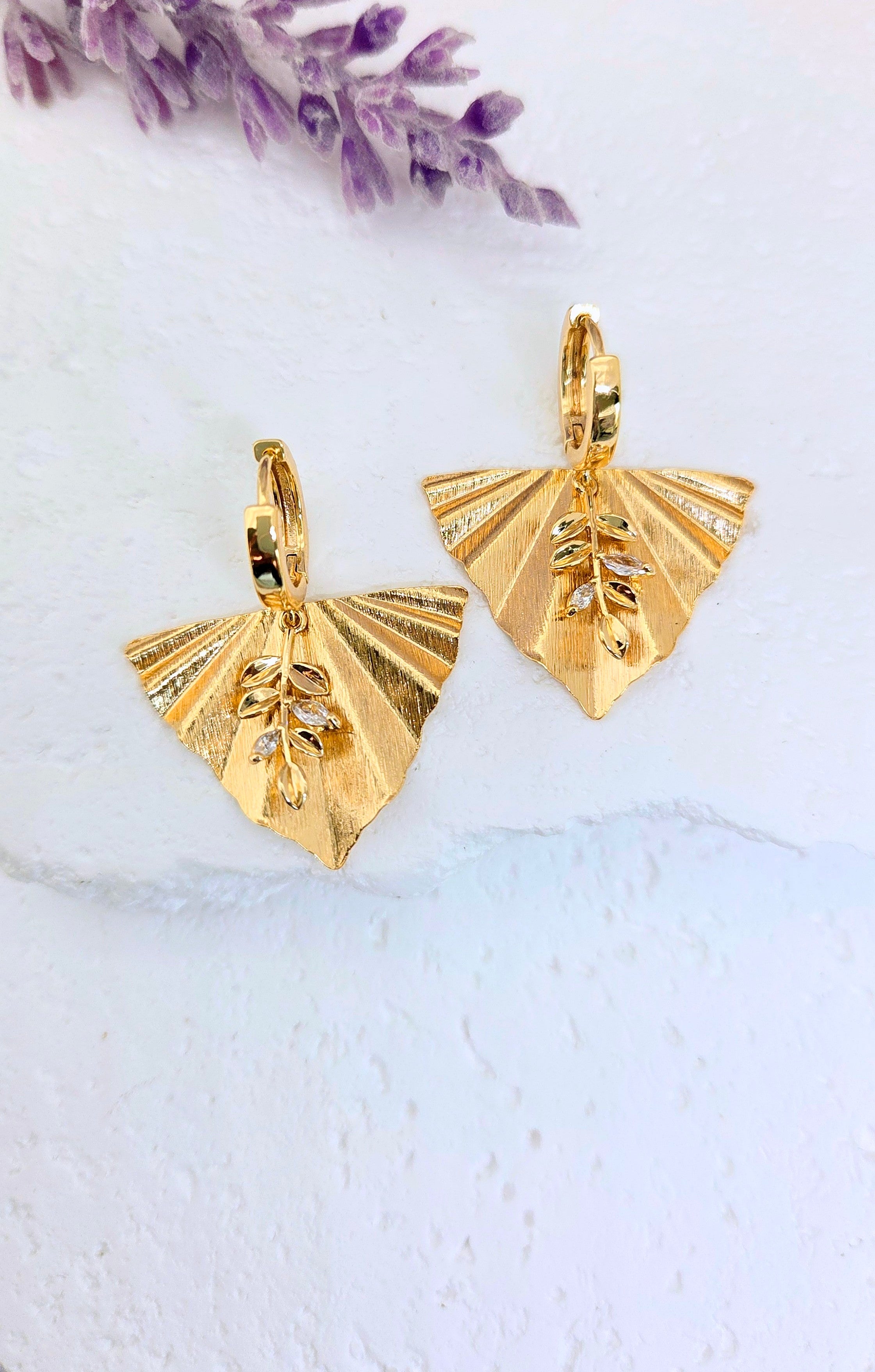 Gold Leaf Fan Huggie Earrings