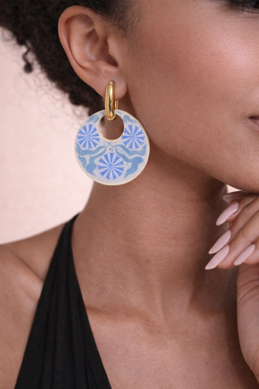 Blue Tile Inspired Dangle Earrings - 2-in-1 Gold  Huggie Hoops