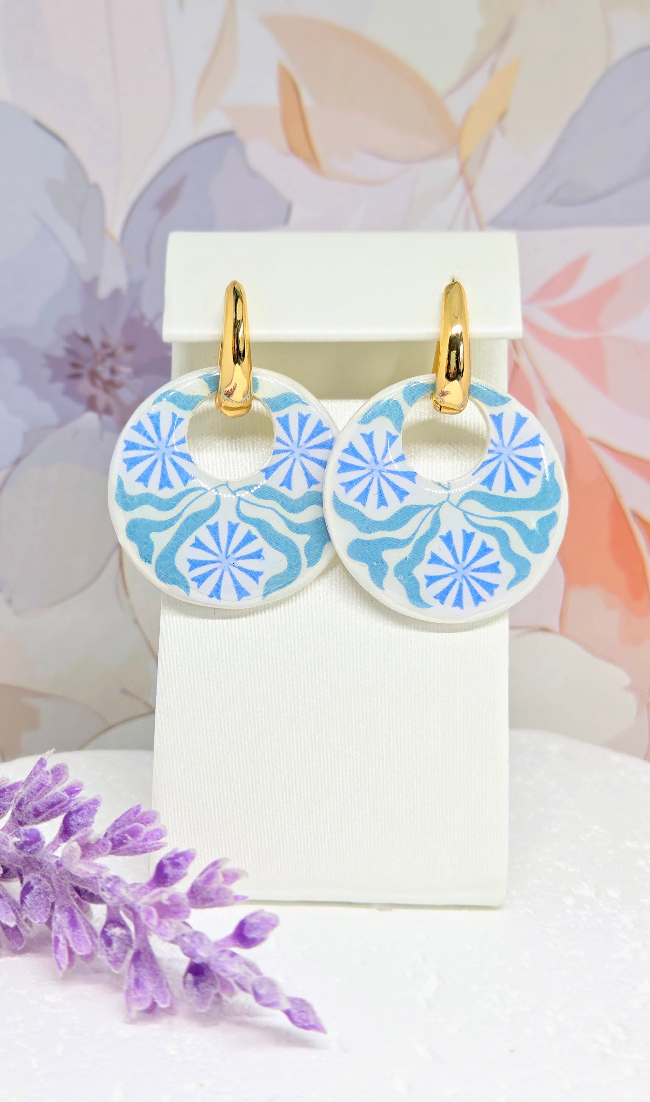 Blue Tile Inspired Dangle Earrings - 2-in-1 Gold  Huggie Hoops