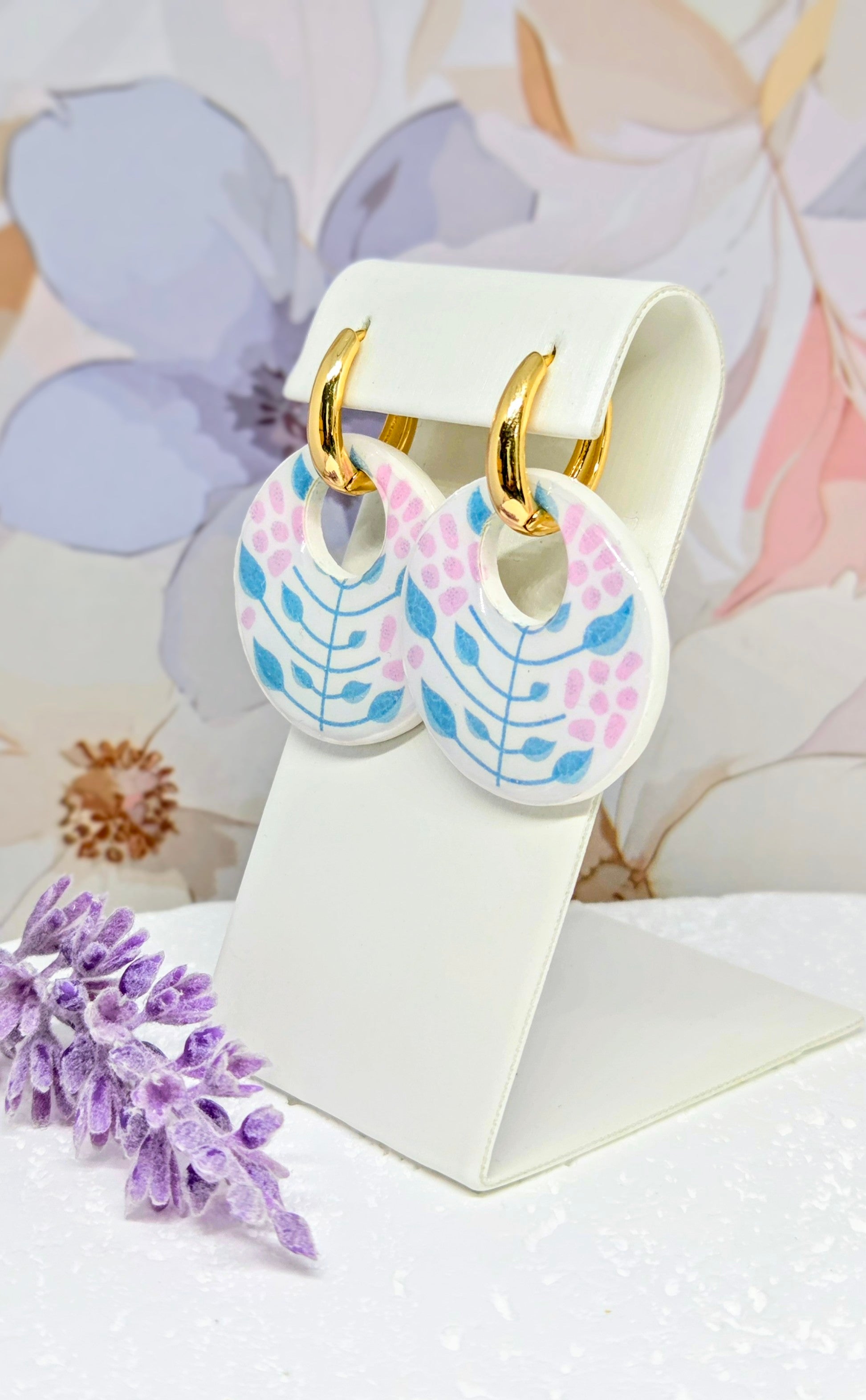 Floral Stem Circle Pendant Earrings-  2-in-1 Gold Huggie Hoops