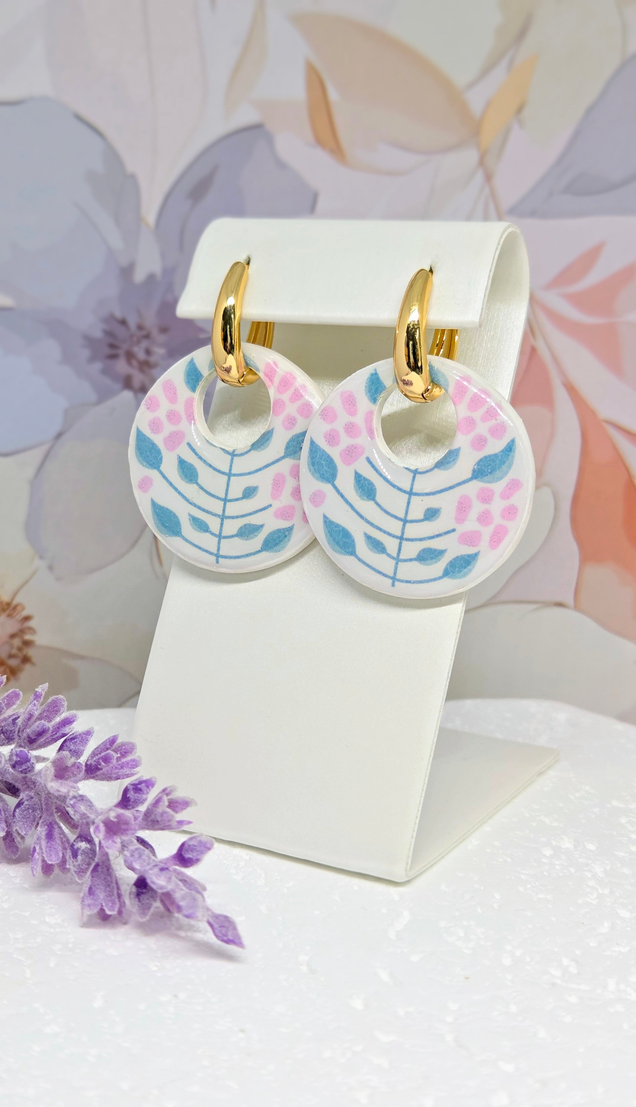 Floral Stem Circle Pendant Earrings-  2-in-1 Gold Huggie Hoops