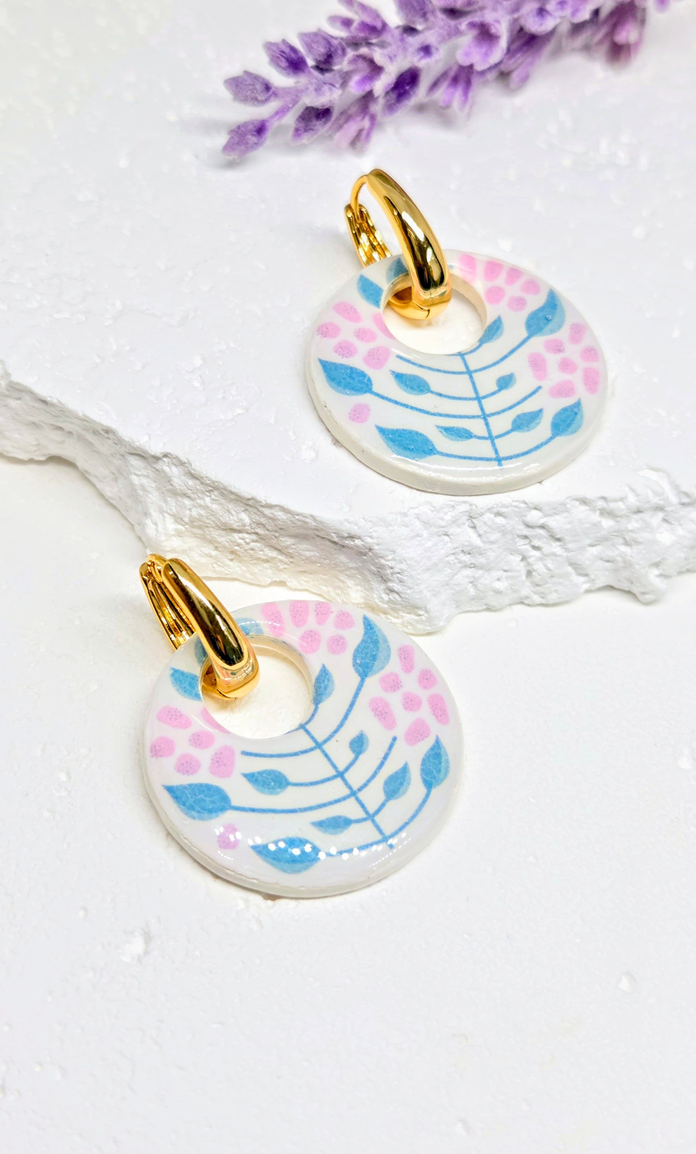 Floral Stem Circle Pendant Earrings-  2-in-1 Gold Huggie Hoops
