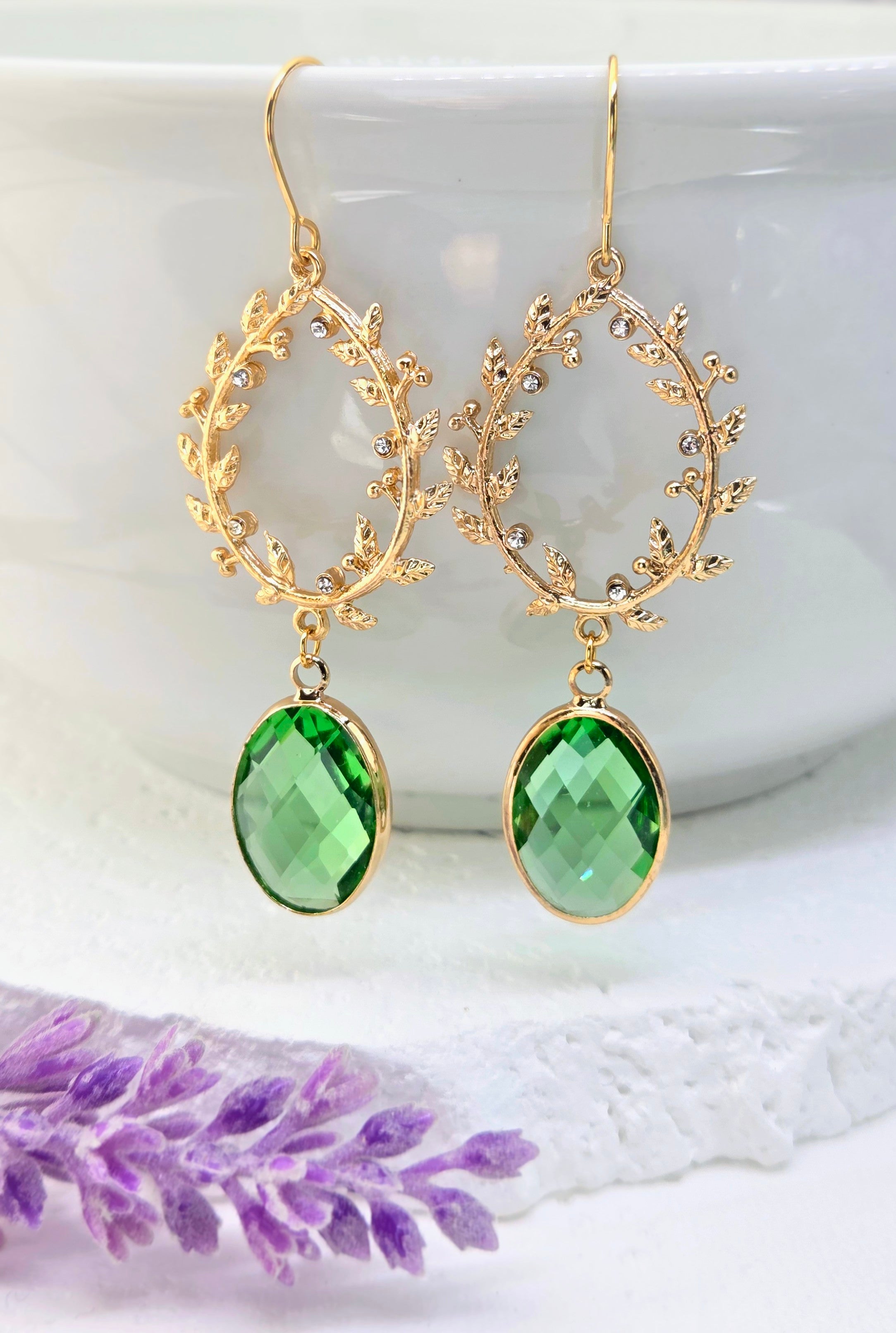 Green Crystal Wreath Earrings