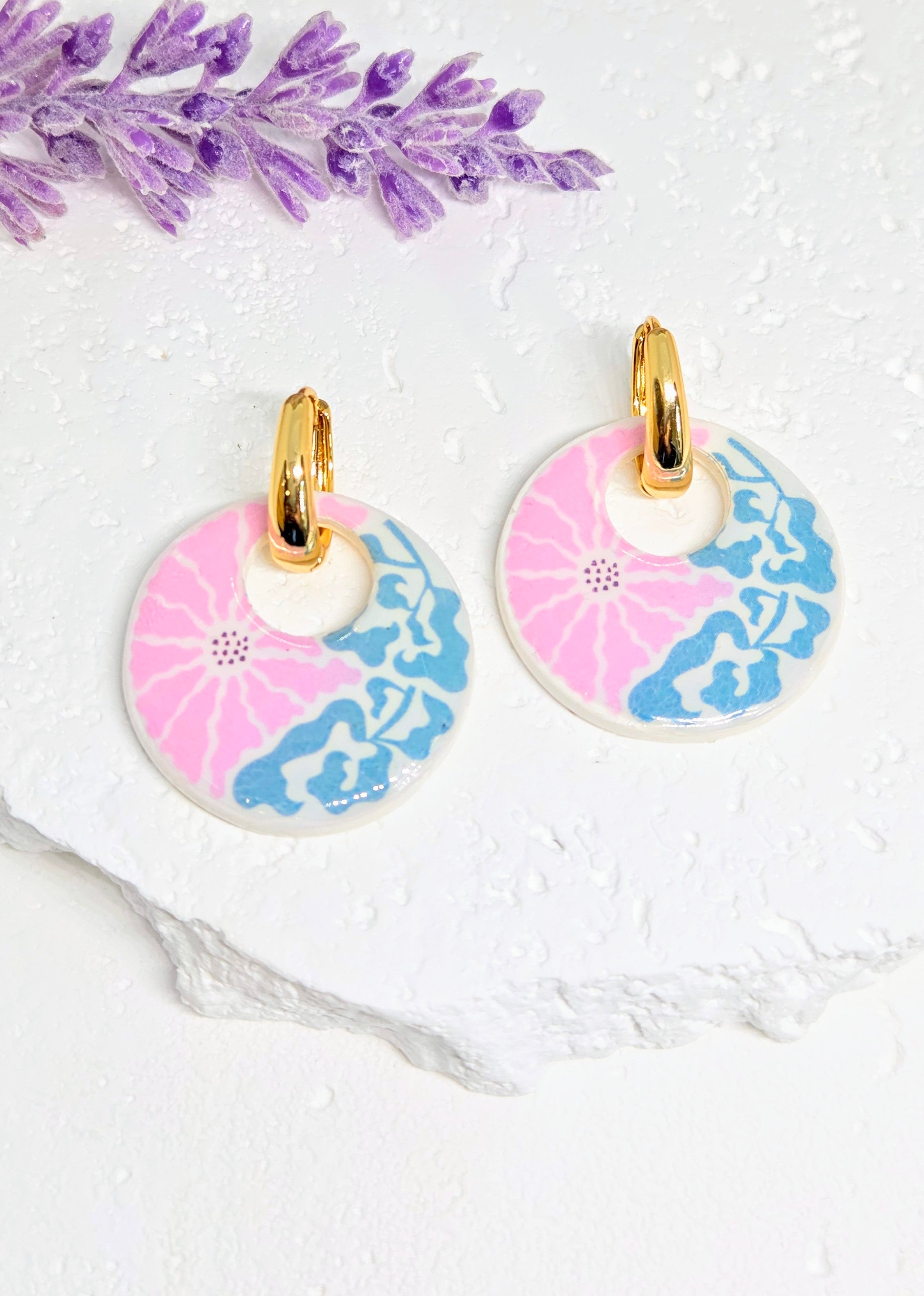 Pink & Blue Floral Charm Huggie Earrings- 2-in-1 Gold Hoop Earrings
