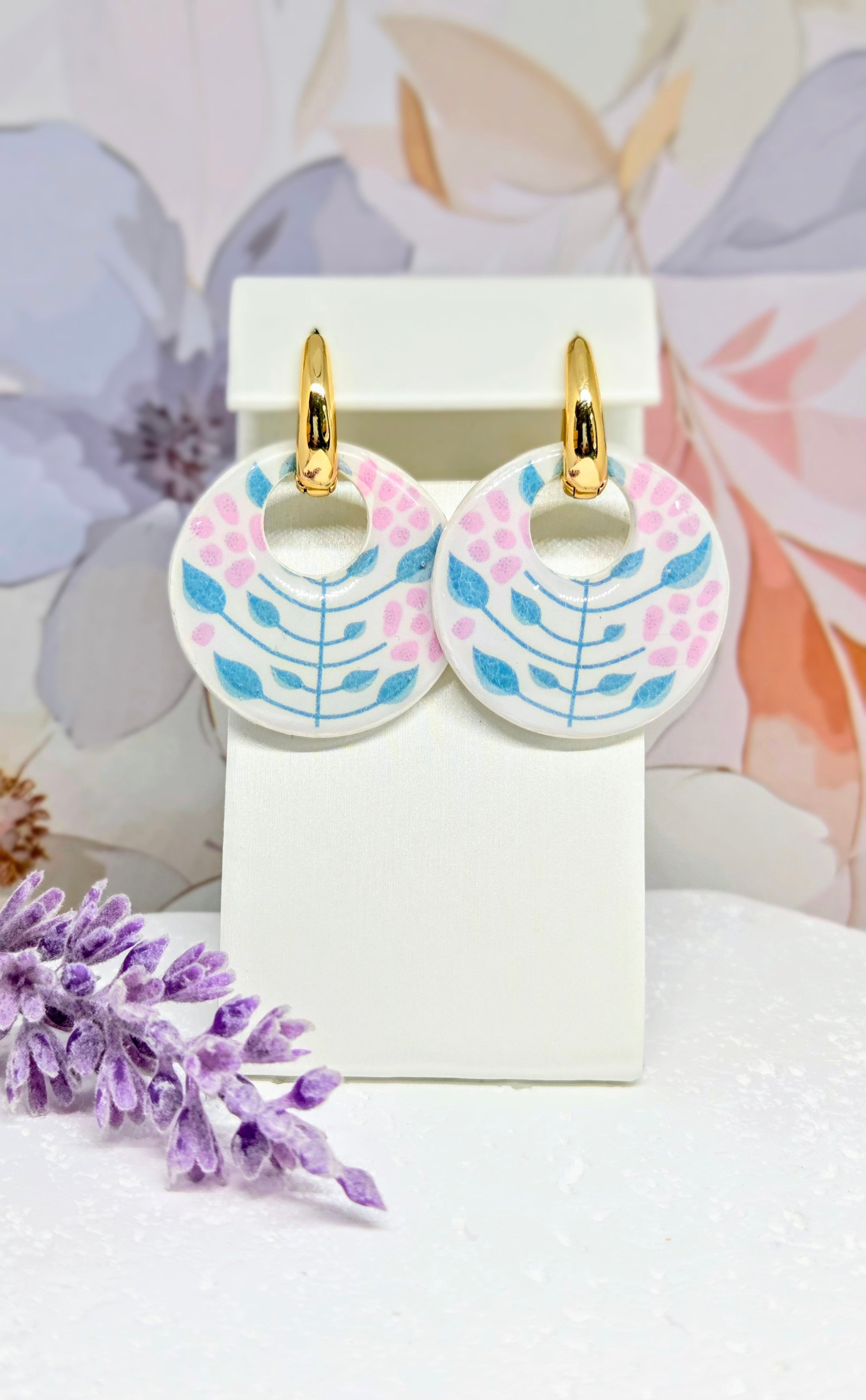 Floral Stem Circle Pendant Earrings-  2-in-1 Gold Huggie Hoops