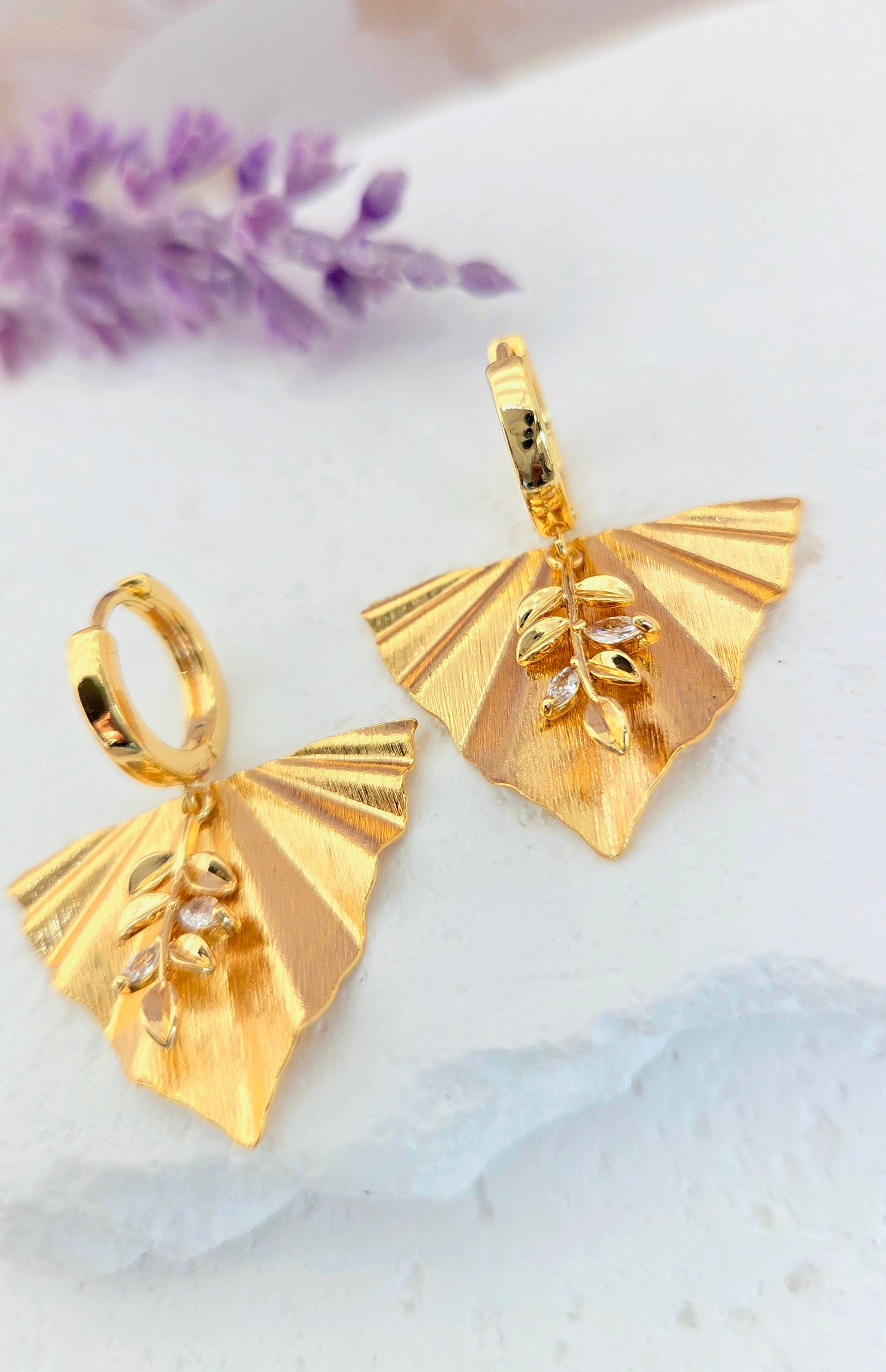 Gold Leaf Fan Huggie Earrings