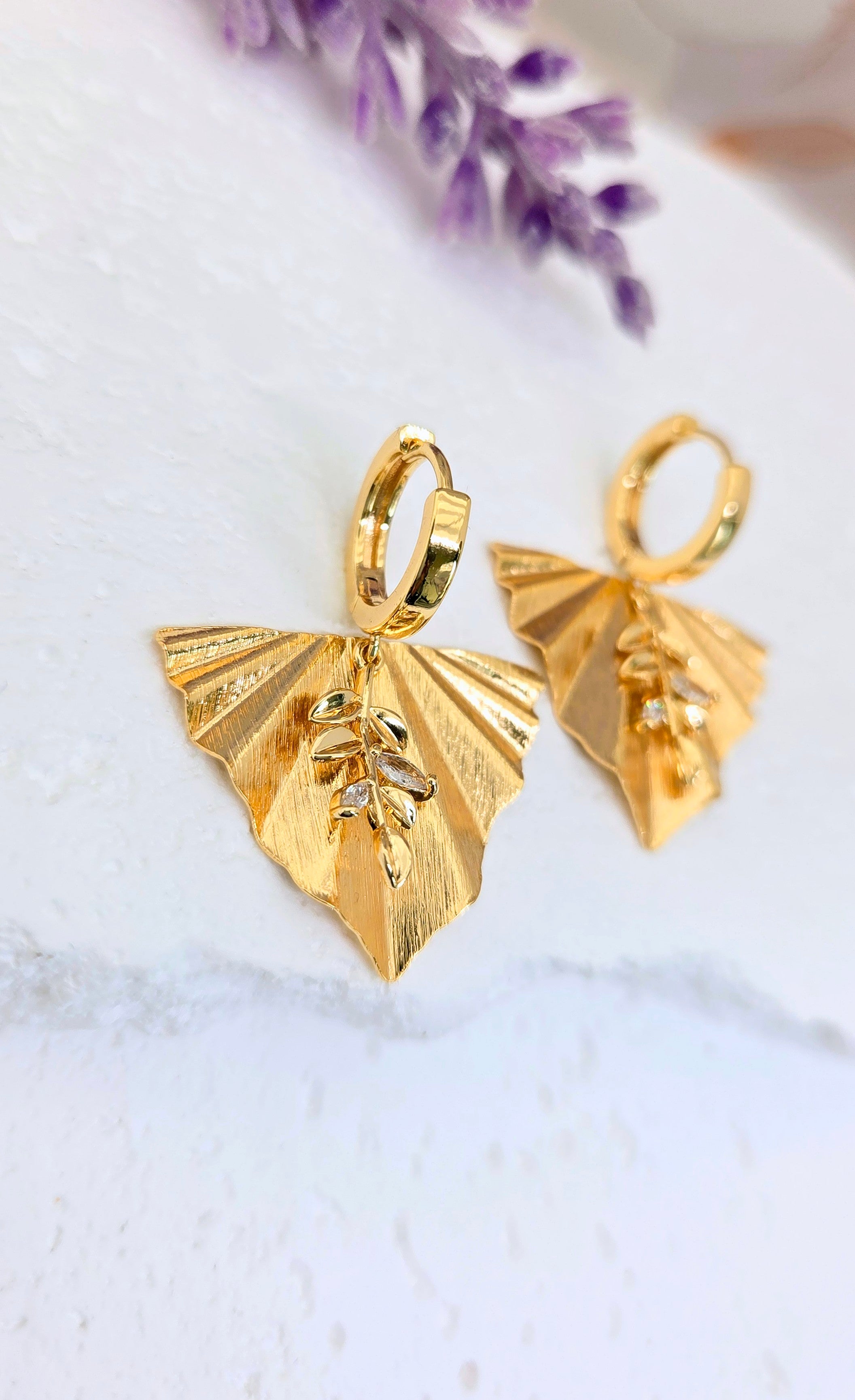 Gold Leaf Fan Huggie Earrings