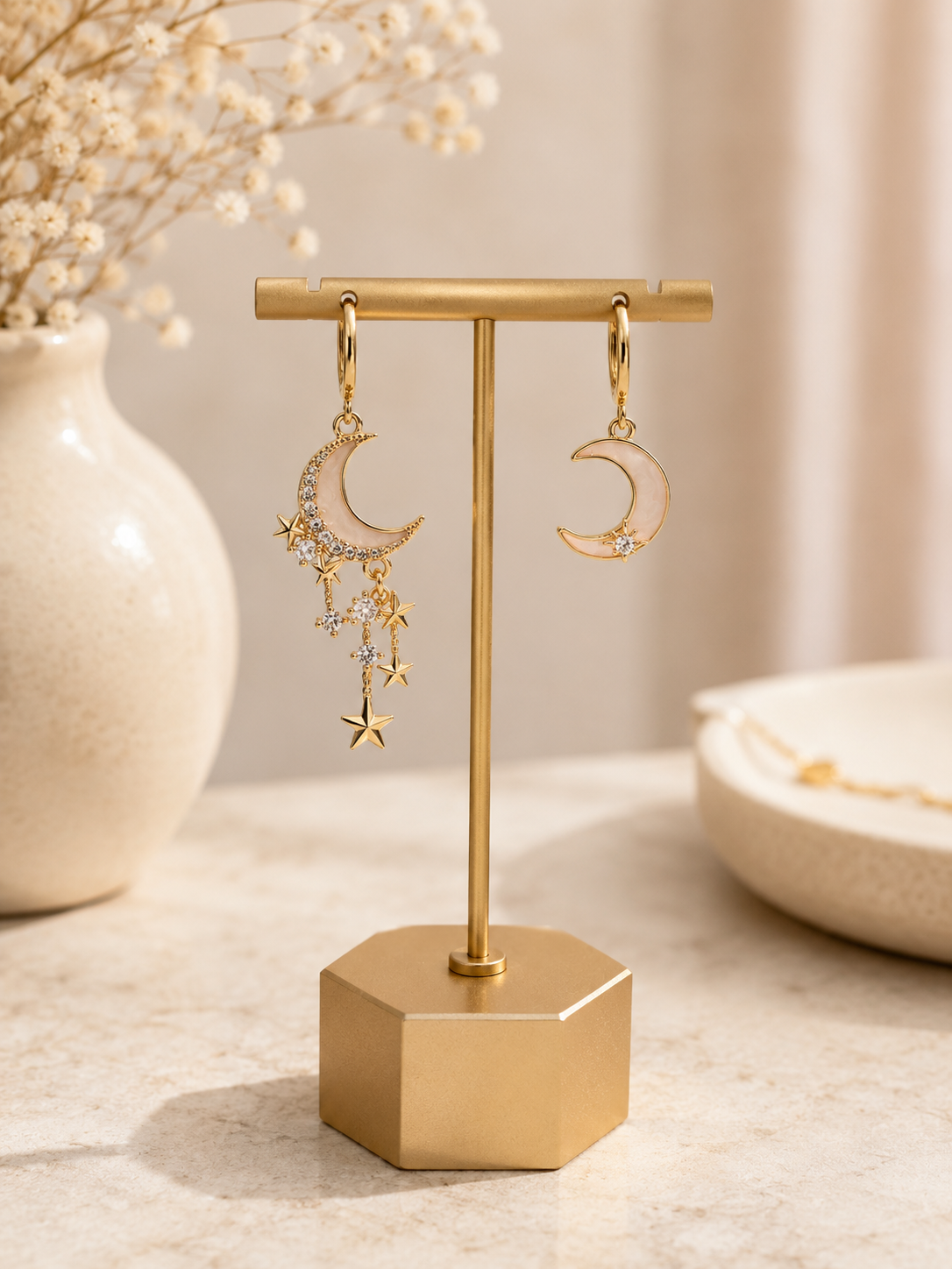 Celestial Moon & Star Asymmetric Huggie Earrings