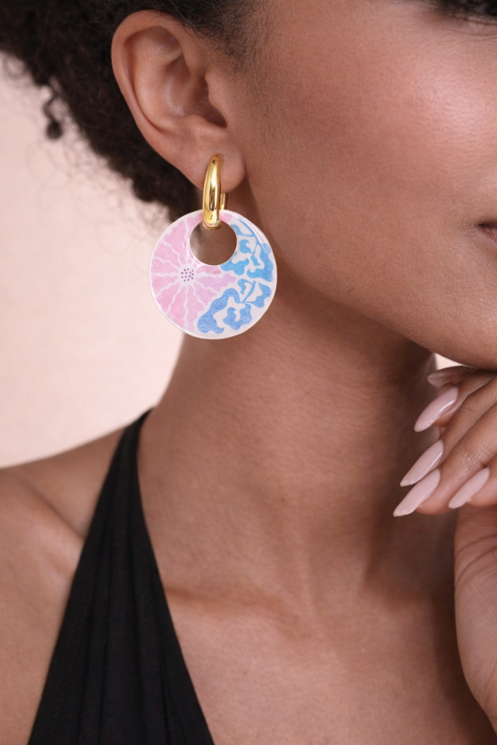 Pink & Blue Floral Charm Huggie Earrings- 2-in-1 Gold Hoop Earrings