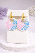 Pink & Blue Floral Charm Huggie Earrings- 2-in-1 Gold Hoop Earrings