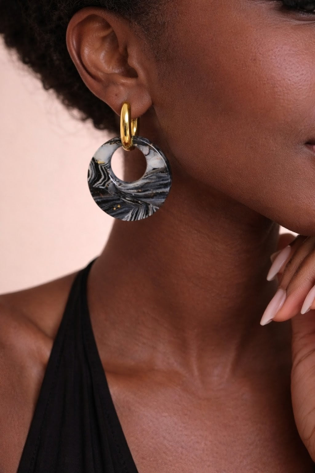 Black with Gold Vein Marble Earrings- 2 in 1