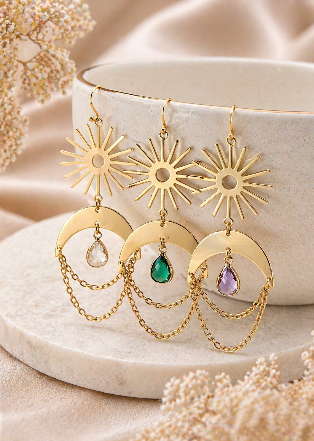 Sun and Moon Birthstone Earrings- Choose Month