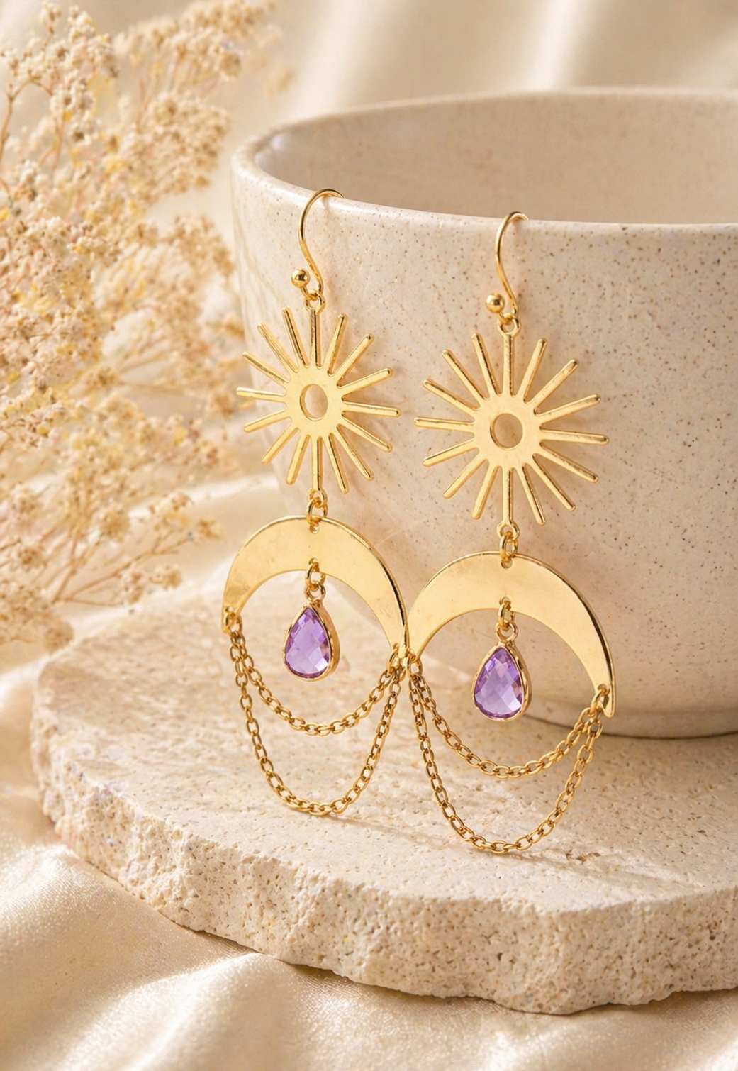 Sun and Moon Birthstone Earrings- Choose Month